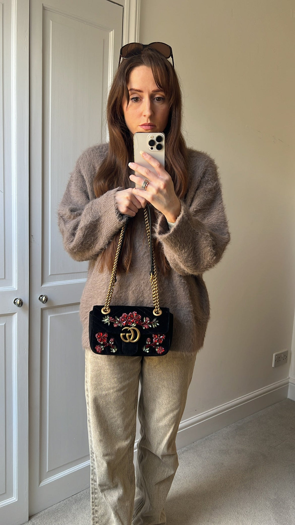 Gucci GG Black Velvet Embellished Marmont Mini Shoulder Bag
