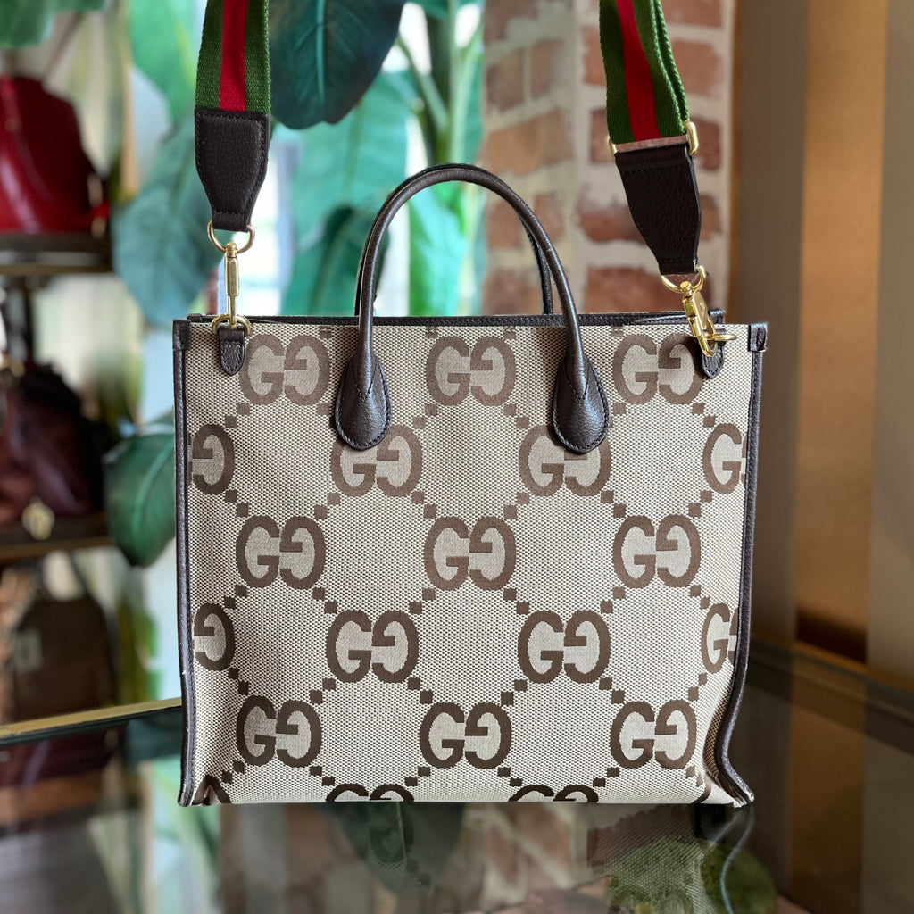 GUCCI Beige Monogram Jumbo GG Textured Dollar Calfskin Web Tote