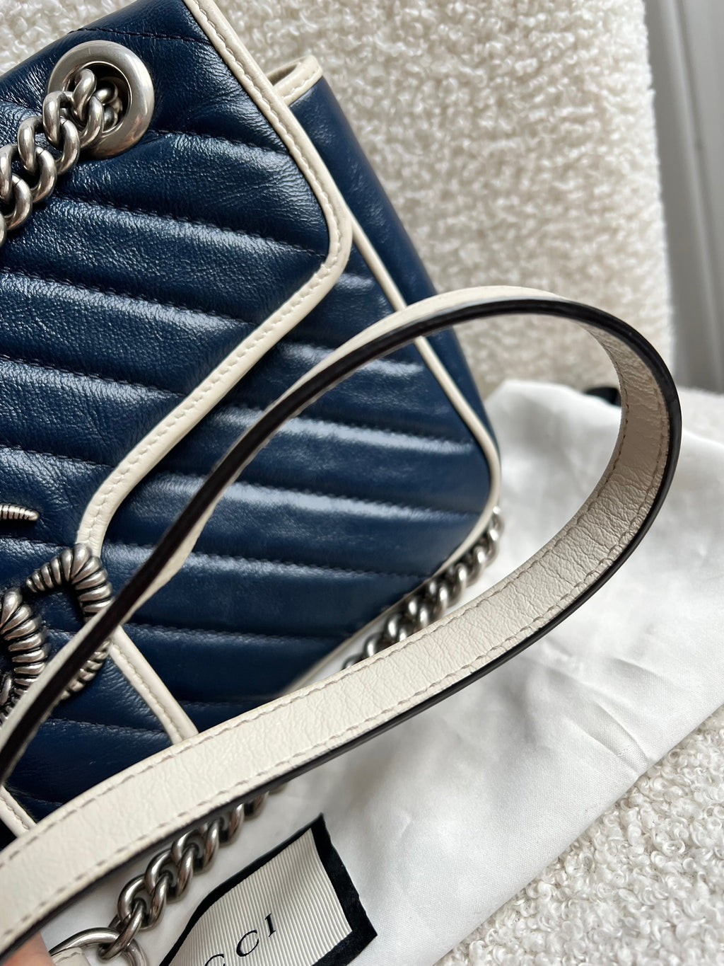Gucci GG Navy and White Torchon Marmont Small Shoulder Bag