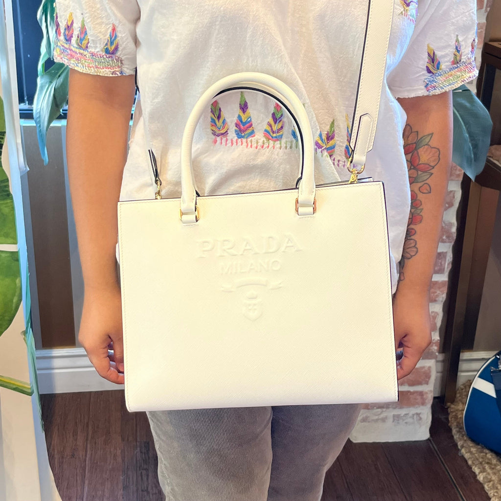 PRADA Medium Logo Embossed White Saffiano Lux Leather Shoulder Tote