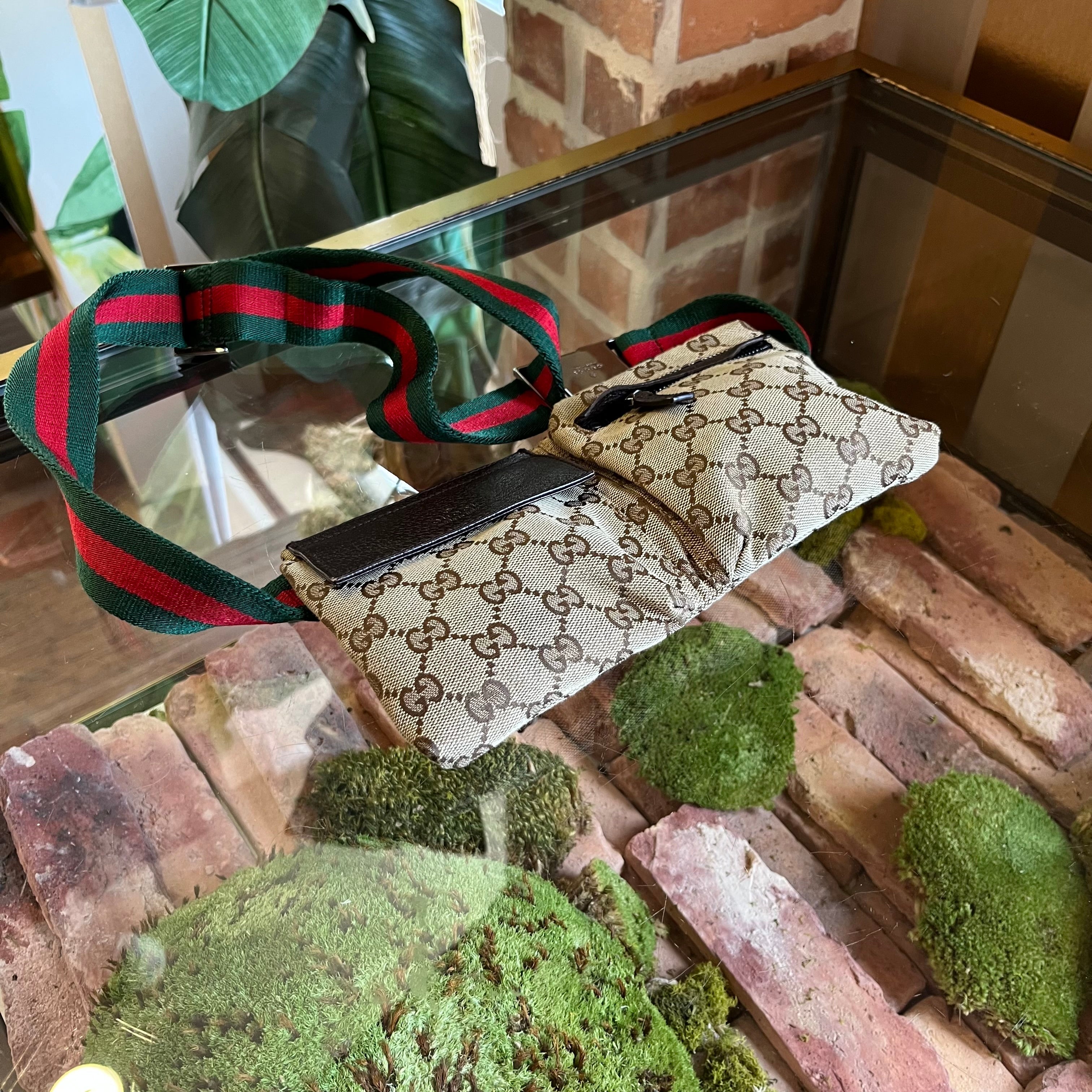 GUCCI Beige Brown GG Web Canvas Double Pocket Belt Bag