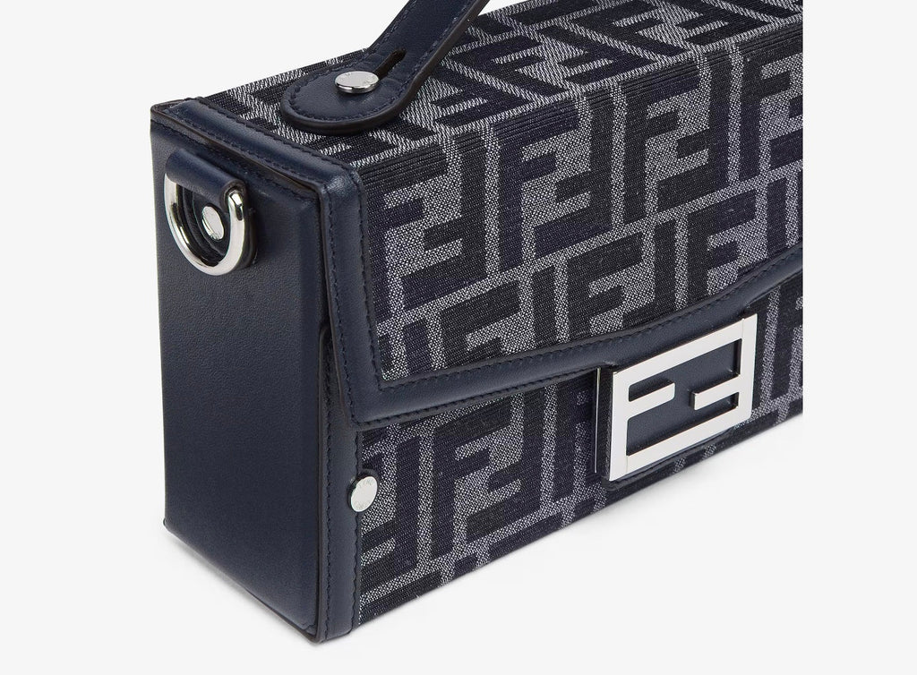 FENDI FF BLUE JACQUARD AND LEATHER SOFT TRUNK BAGUETTE BAG