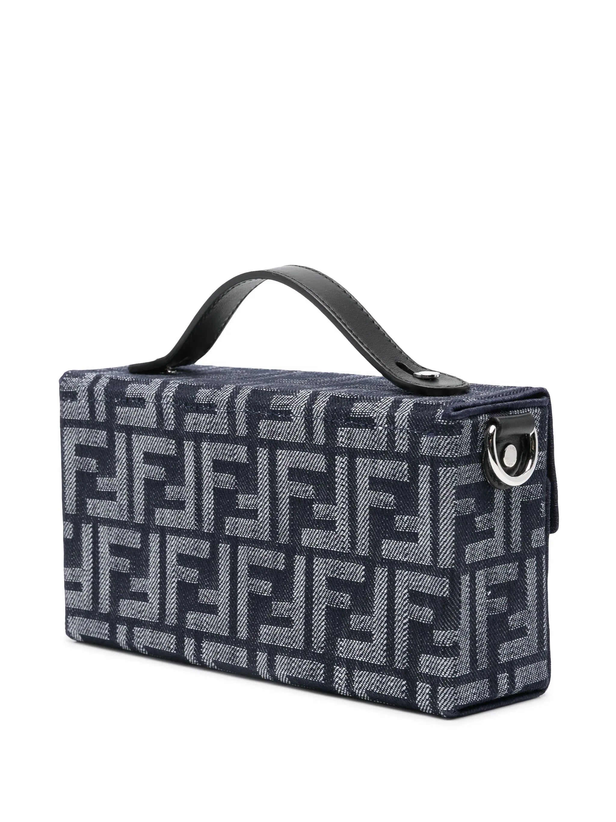 FENDI FF BLUE JACQUARD AND LEATHER SOFT TRUNK BAGUETTE BAG