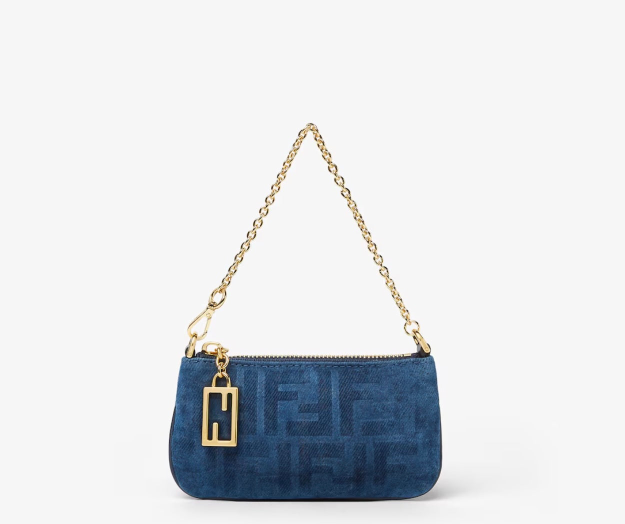 FENDI BAGUETTE FLOCKED DENIM FF CHAIN POCHETTE