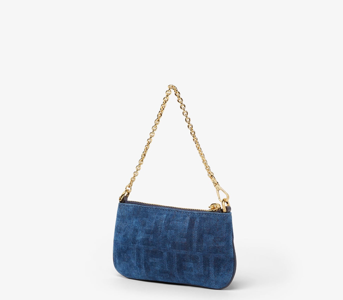 FENDI BAGUETTE FLOCKED DENIM FF CHAIN POCHETTE