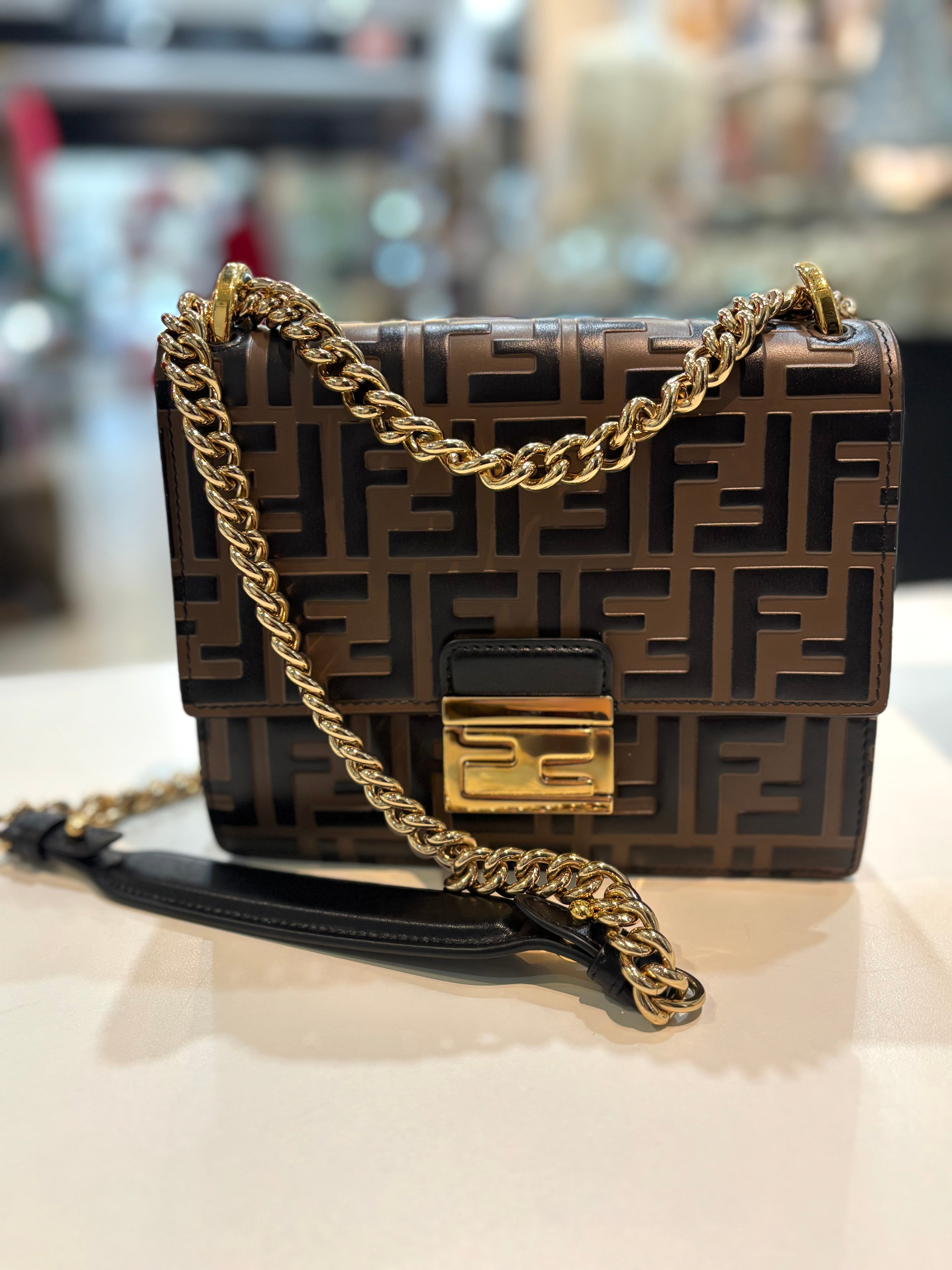 FENDI FF EMBOSSED LAMBSKIN LEATHER SMALL KAN U BAG