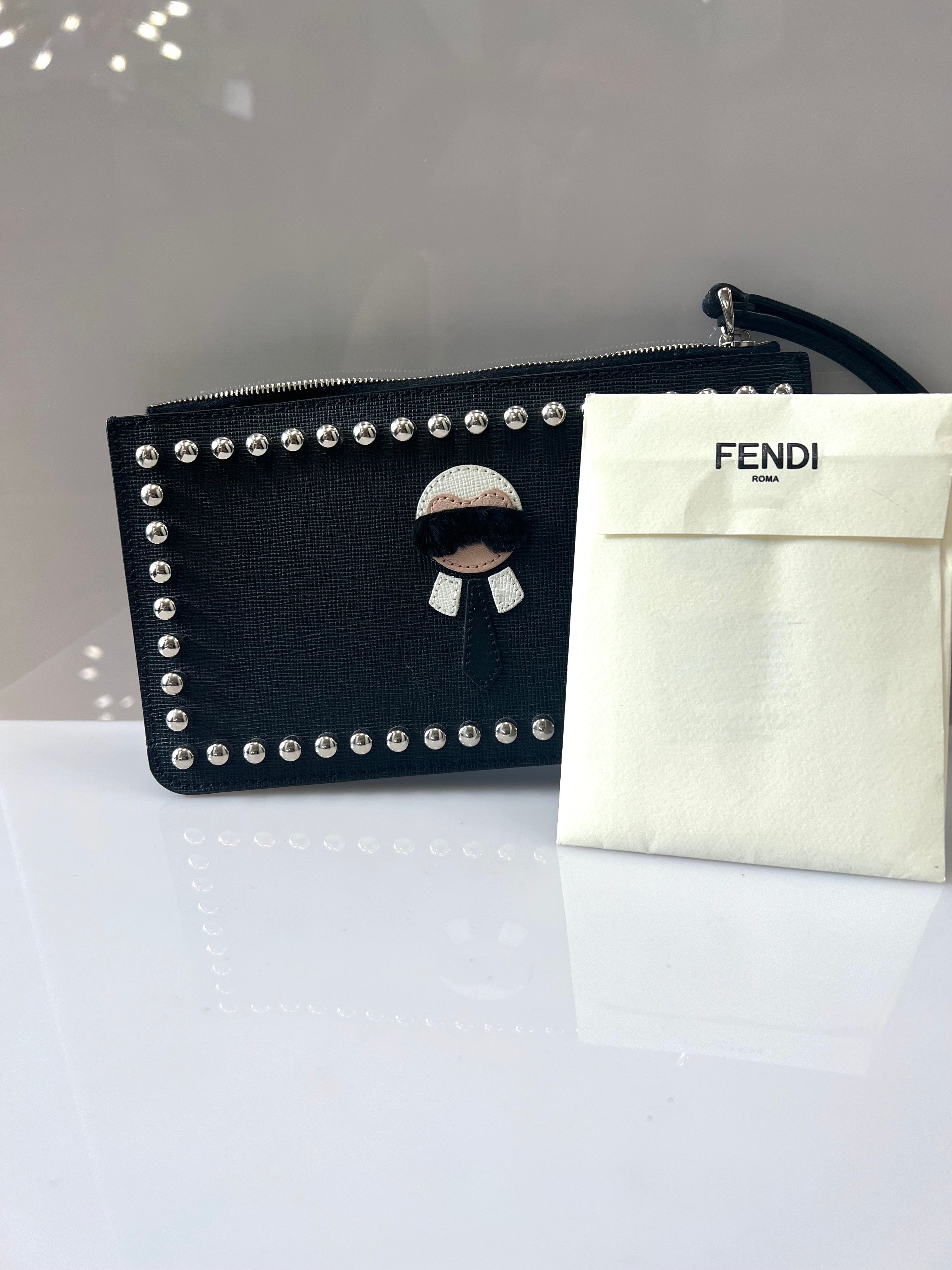 FENDI SAFFIANO LEATHER KARLITO CLUTCH BAG WRISTLET