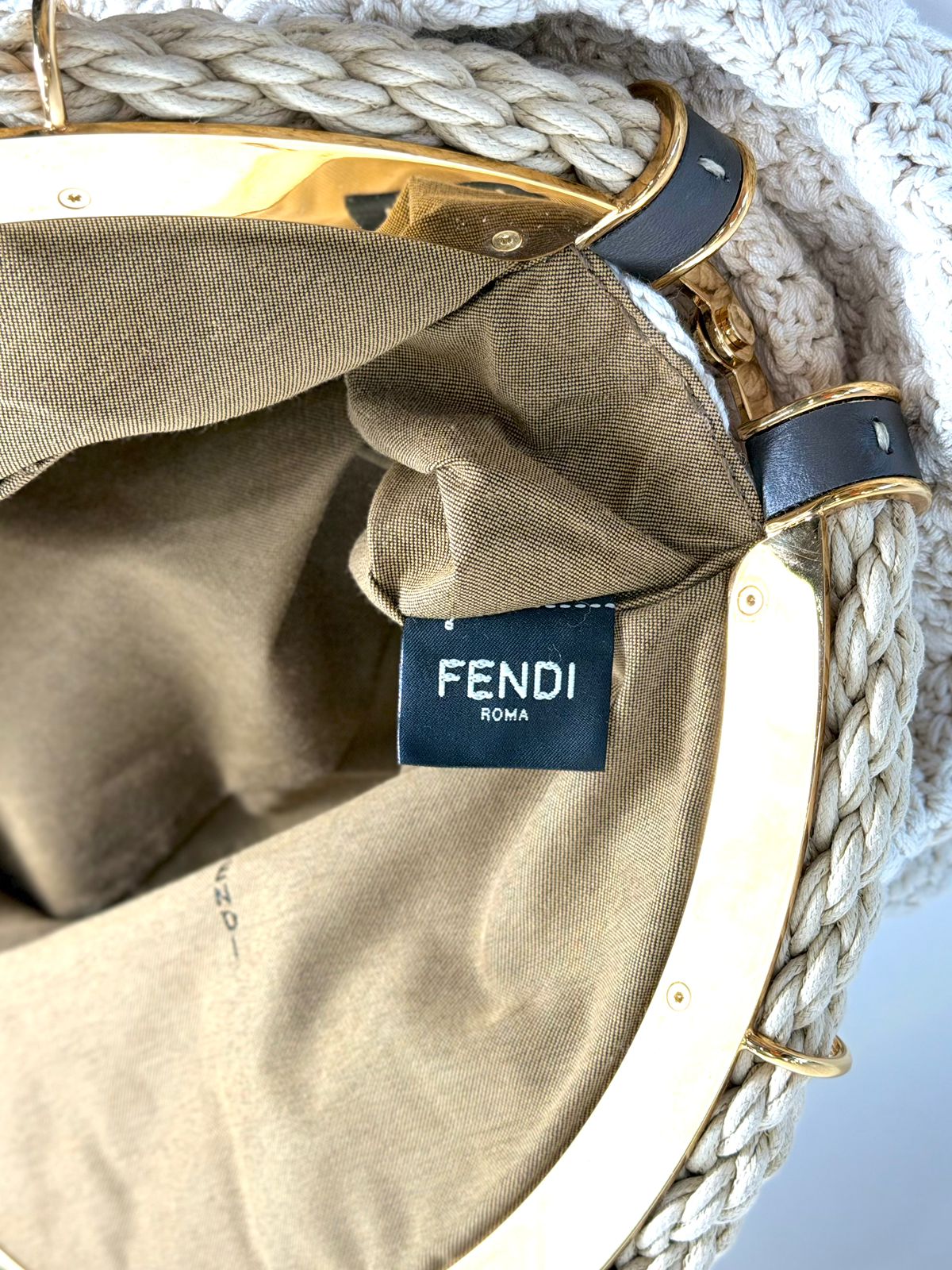 FENDI INTRECCIO MACRAME CANVAS SHELL CLUTCH BAG