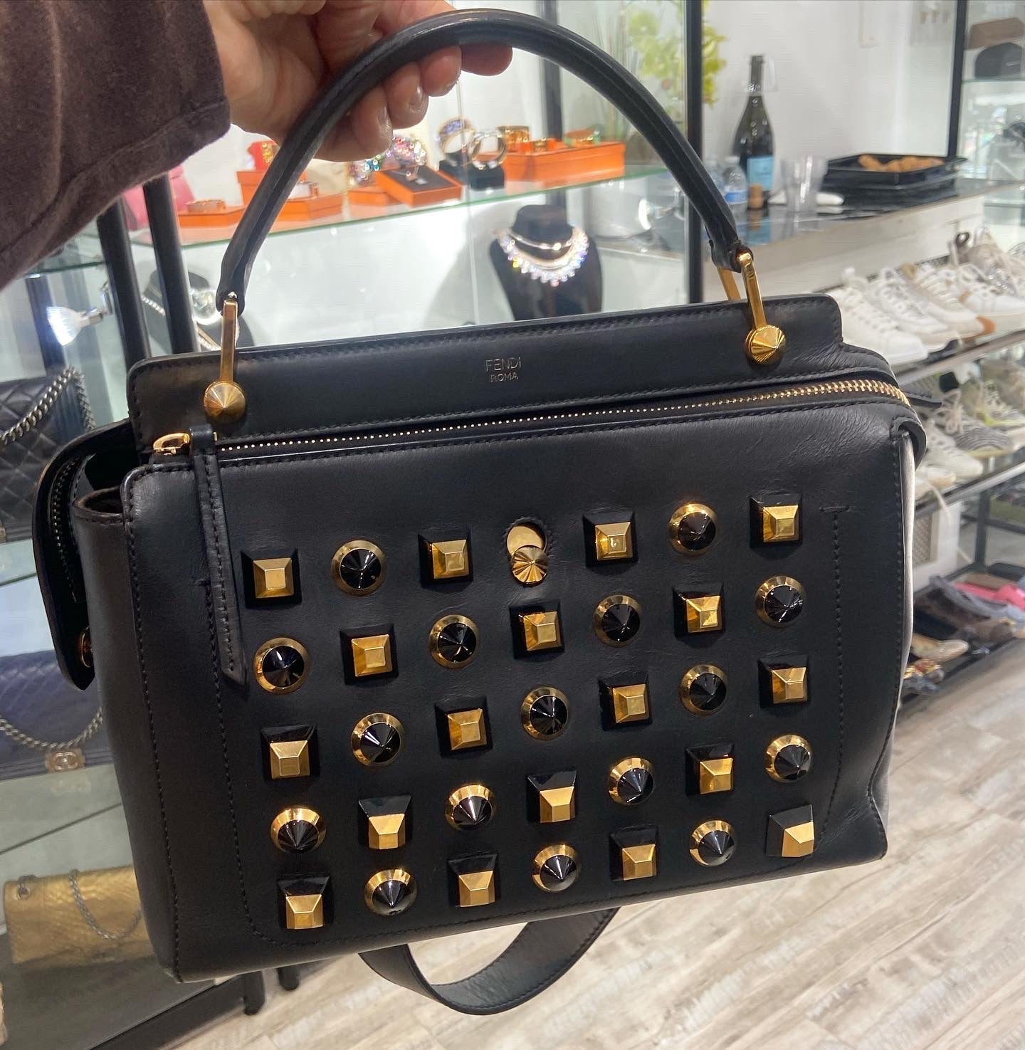 FENDI STUDDED DOTCOM TWO WAY LEATHER BAG