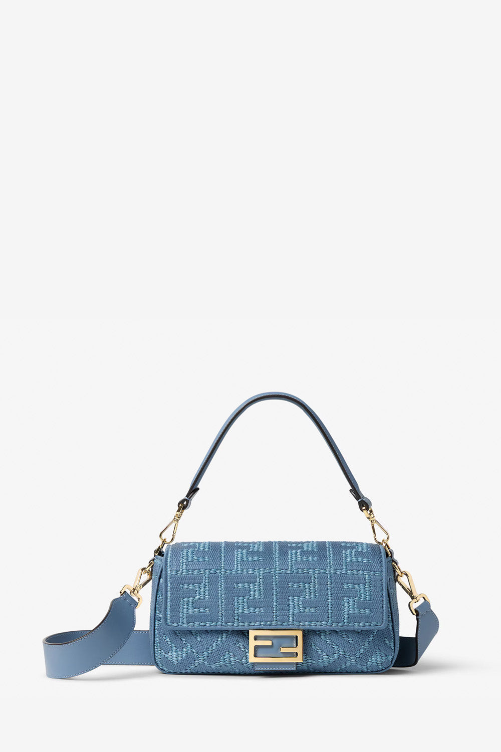 Baguette® Blue Woven Raffia-Effect Material Bag With FF Embroidery