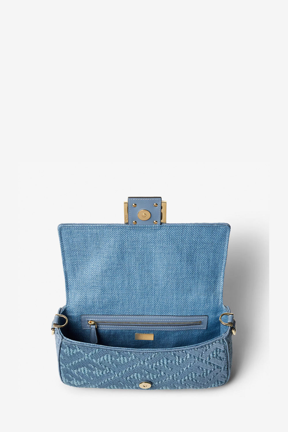 Baguette® Blue Woven Raffia-Effect Material Bag With FF Embroidery