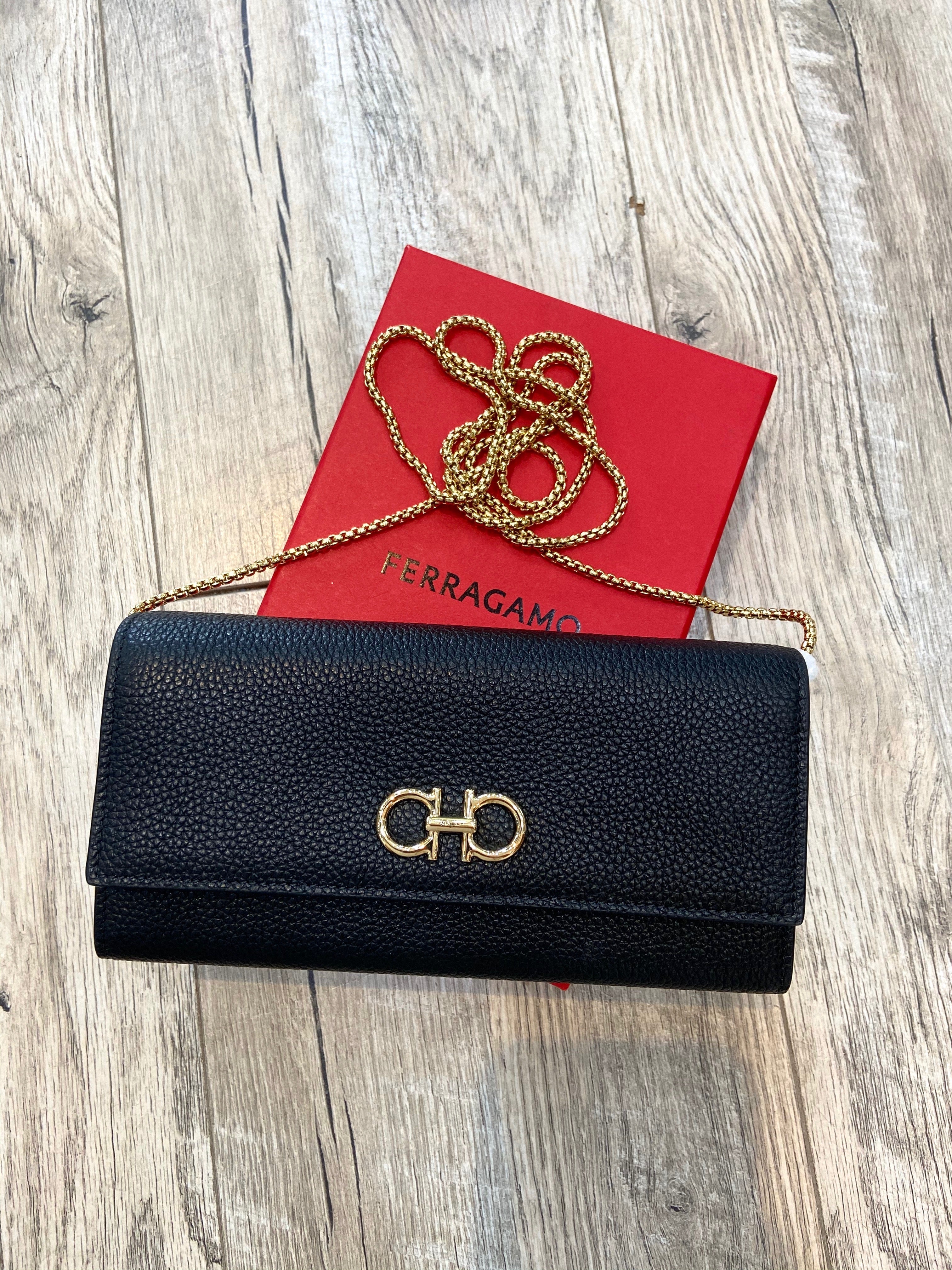 FERRAGAMO CALFSKIN LEATHER GANCINI WALLET ON A CHAIN