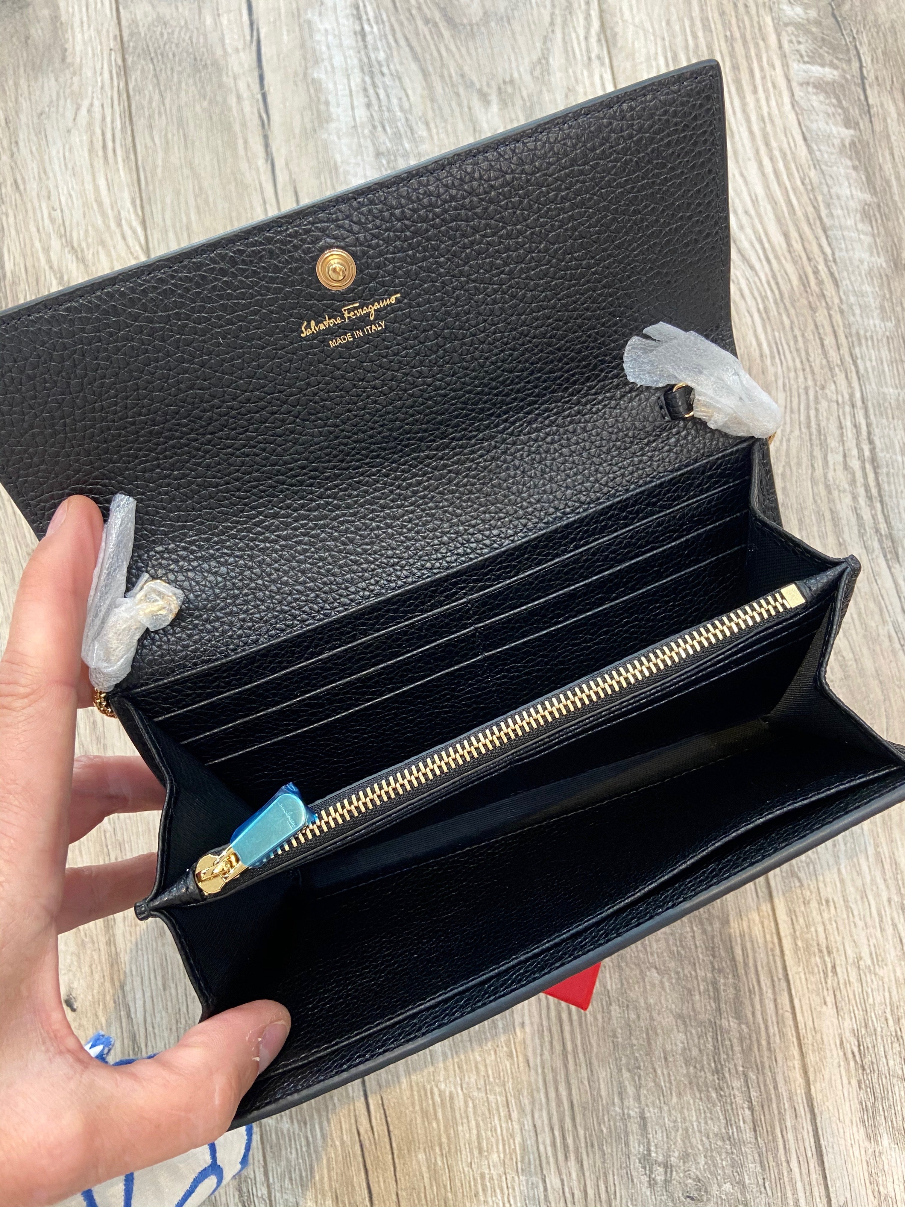 FERRAGAMO CALFSKIN LEATHER GANCINI WALLET ON A CHAIN