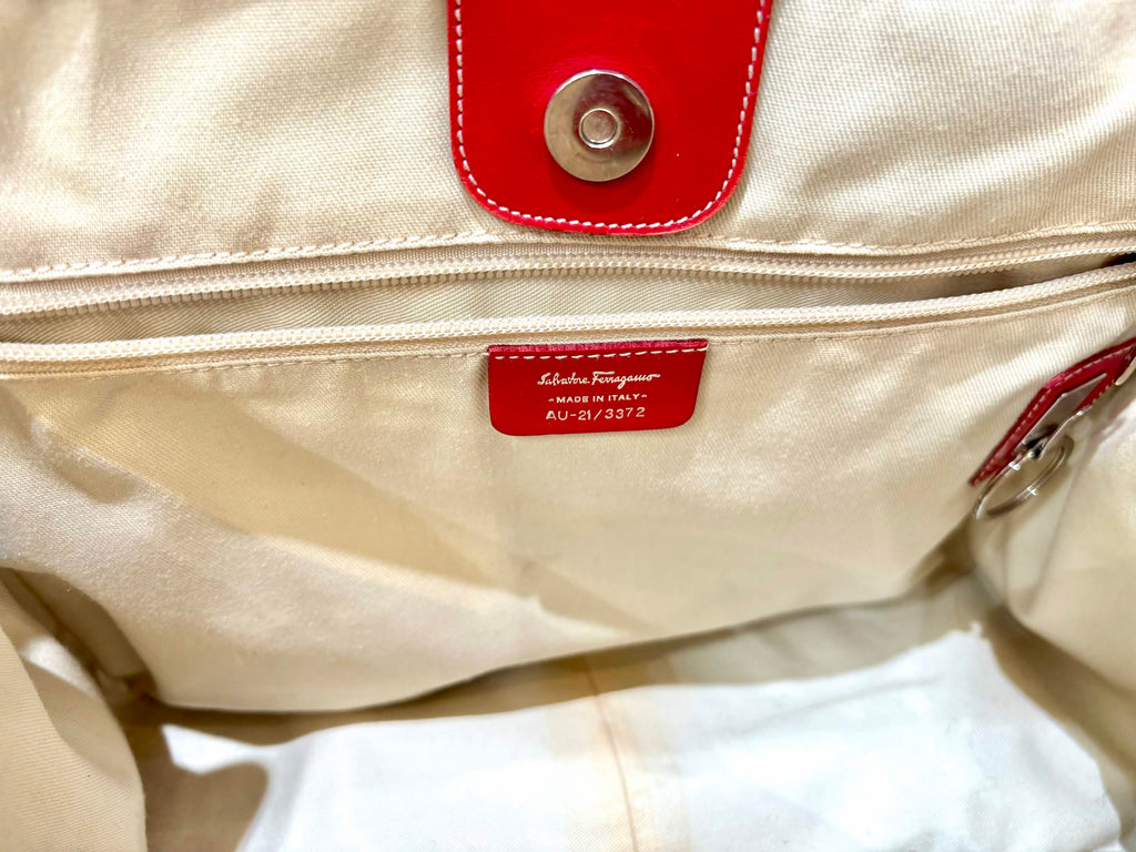 FERRAGAMO VINTAGE RED LEATHER CANVAS TOTE BAG
