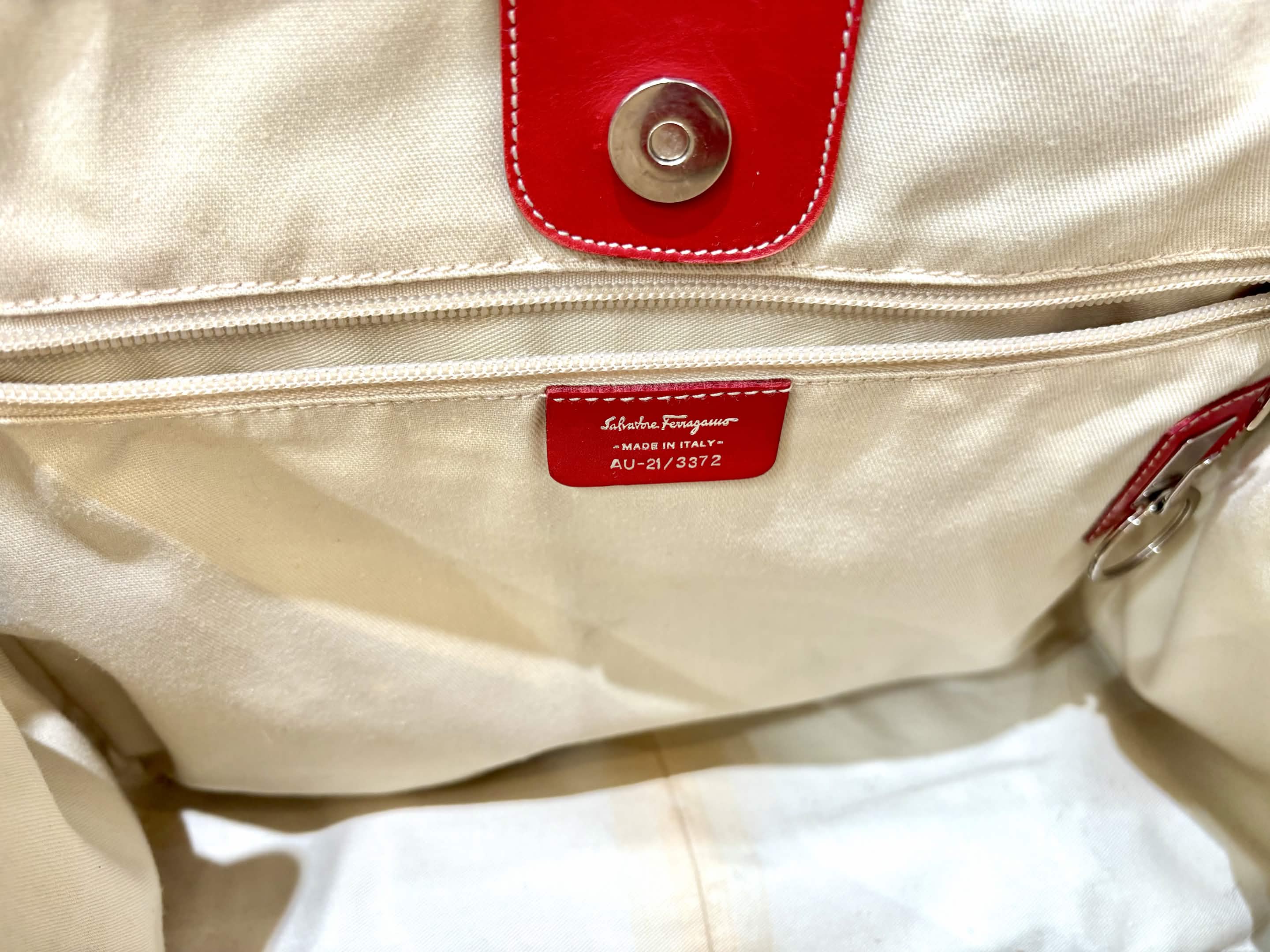FERRAGAMO VINTAGE RED LEATHER CANVAS TOTE BAG