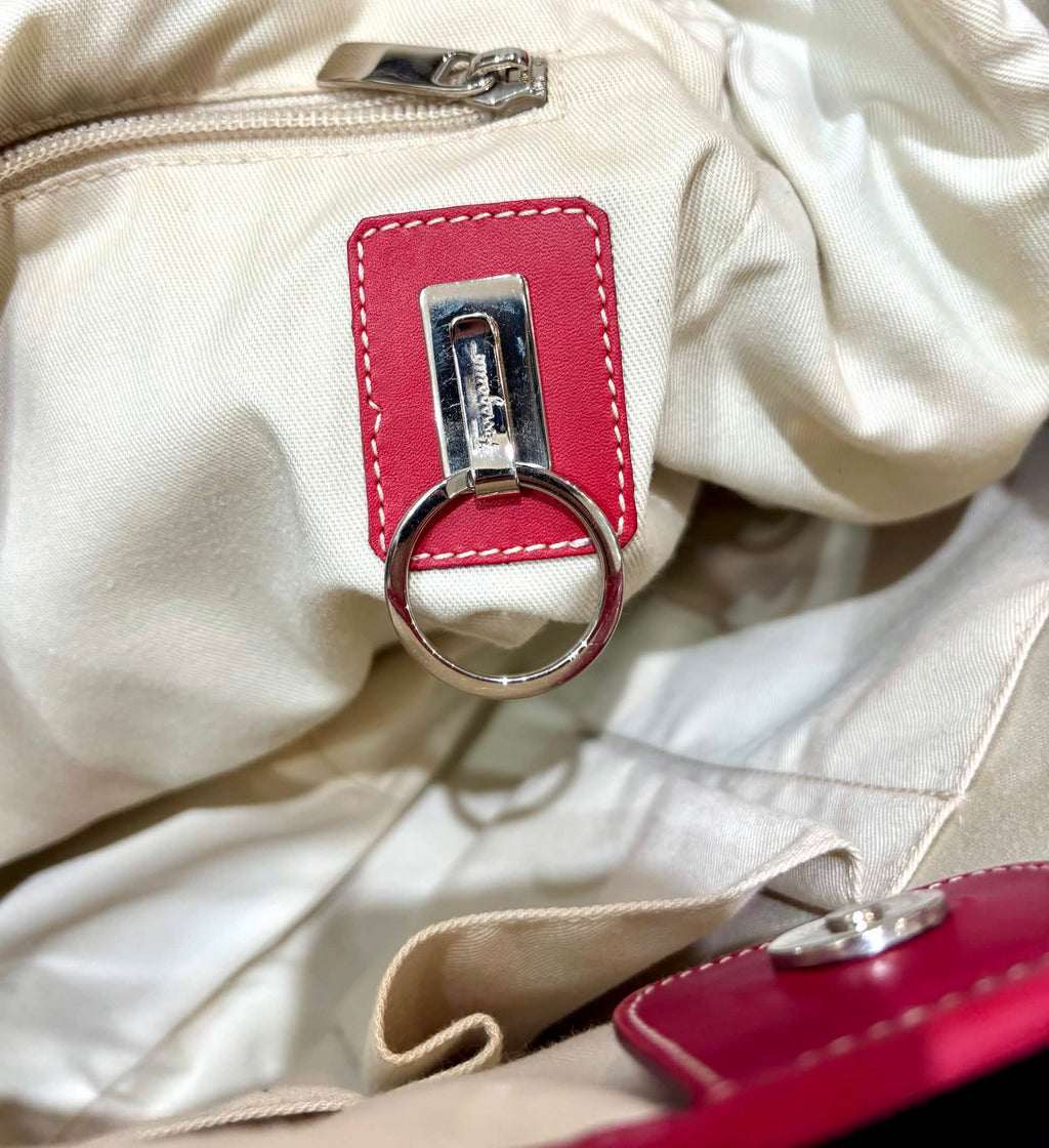 FERRAGAMO VINTAGE RED LEATHER CANVAS TOTE BAG