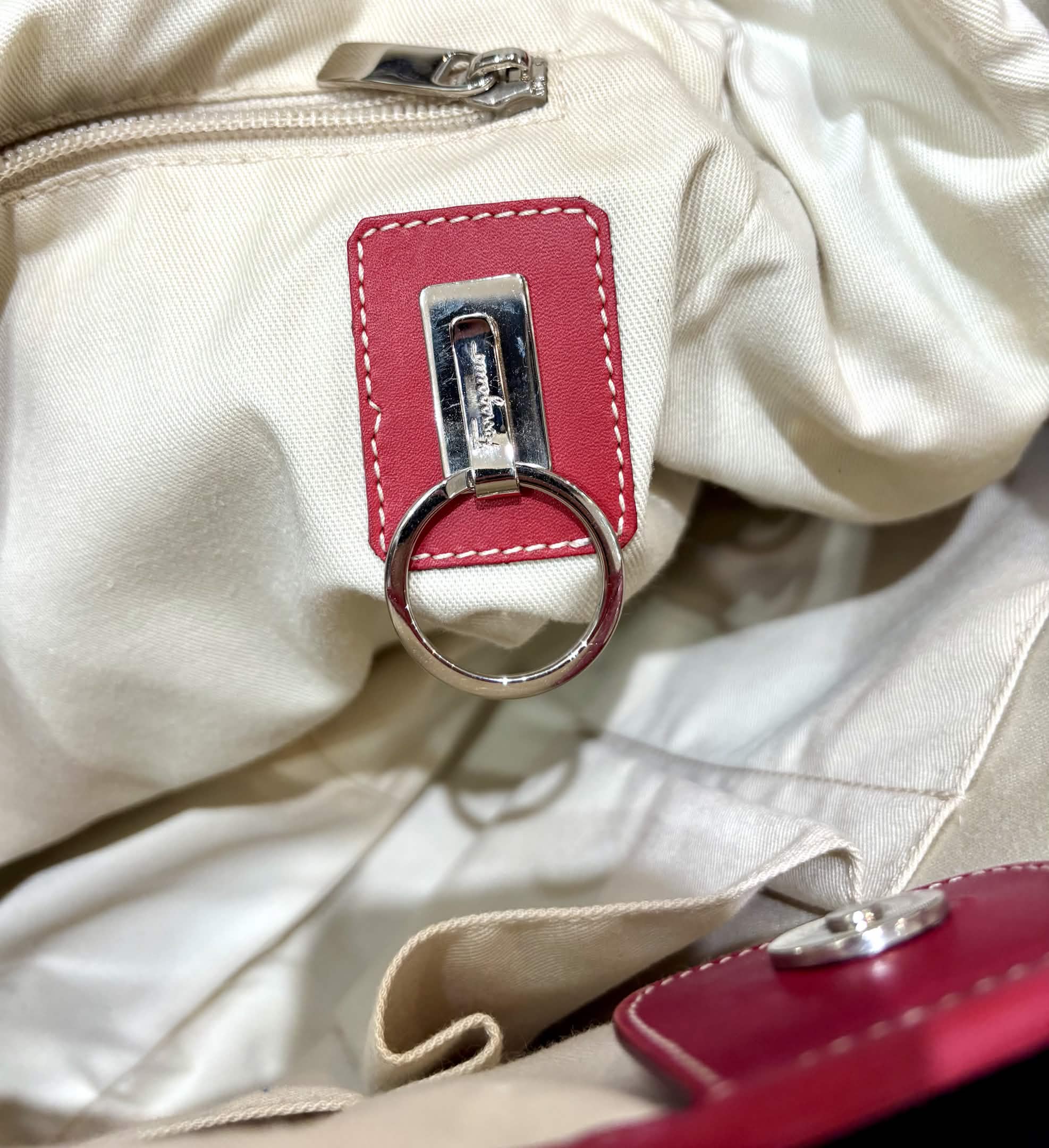 FERRAGAMO VINTAGE RED LEATHER CANVAS TOTE BAG