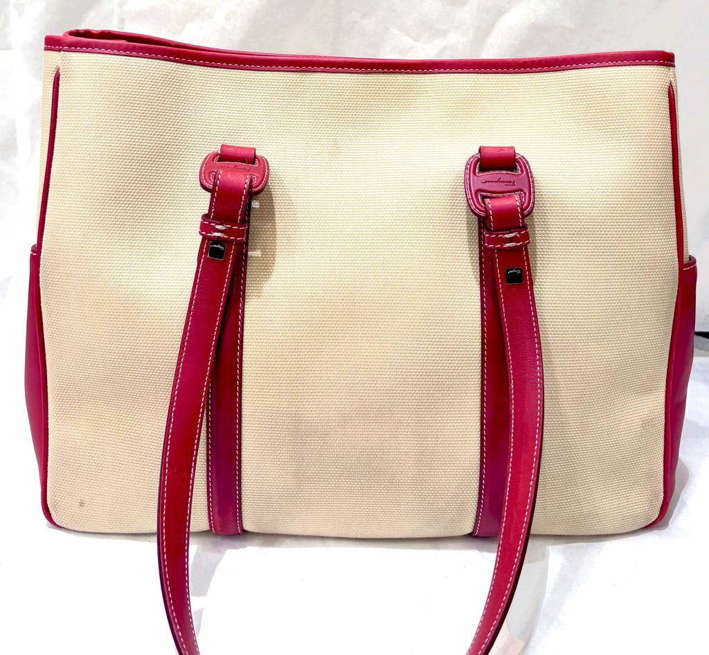FERRAGAMO VINTAGE RED LEATHER CANVAS TOTE BAG