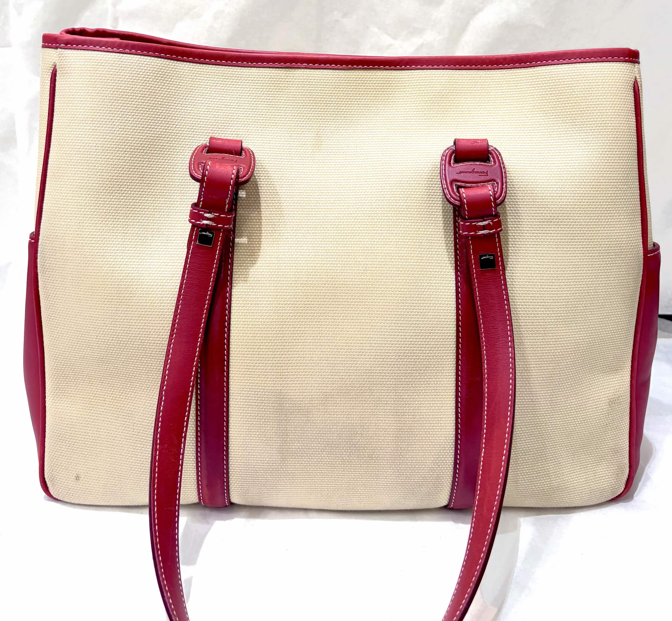 FERRAGAMO VINTAGE RED LEATHER CANVAS TOTE BAG