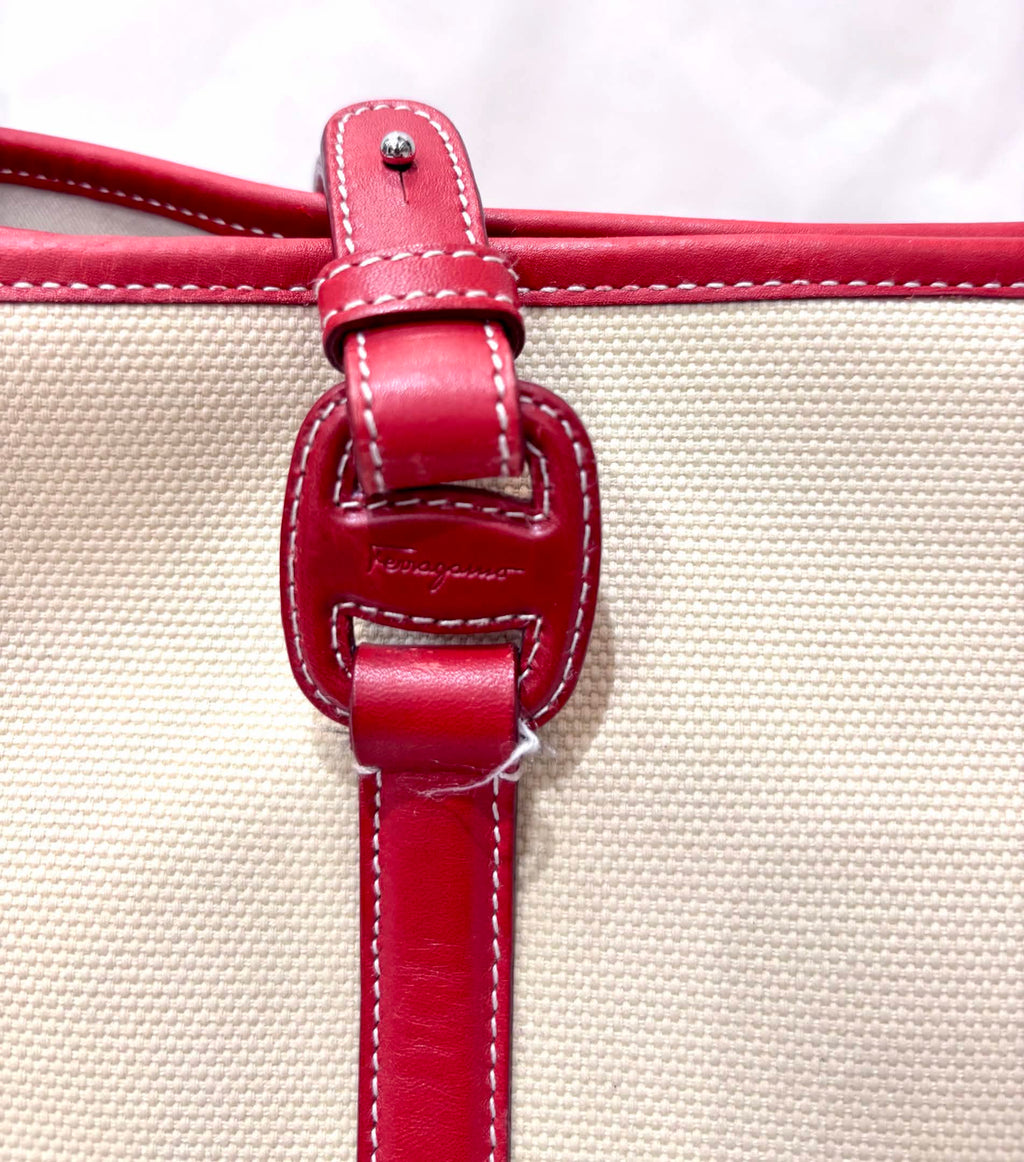 FERRAGAMO VINTAGE RED LEATHER CANVAS TOTE BAG