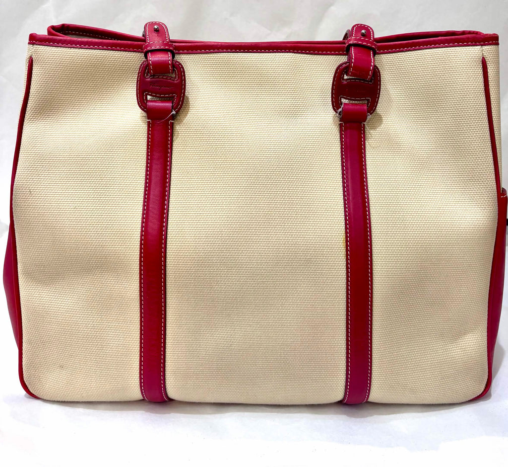 FERRAGAMO VINTAGE RED LEATHER CANVAS TOTE BAG