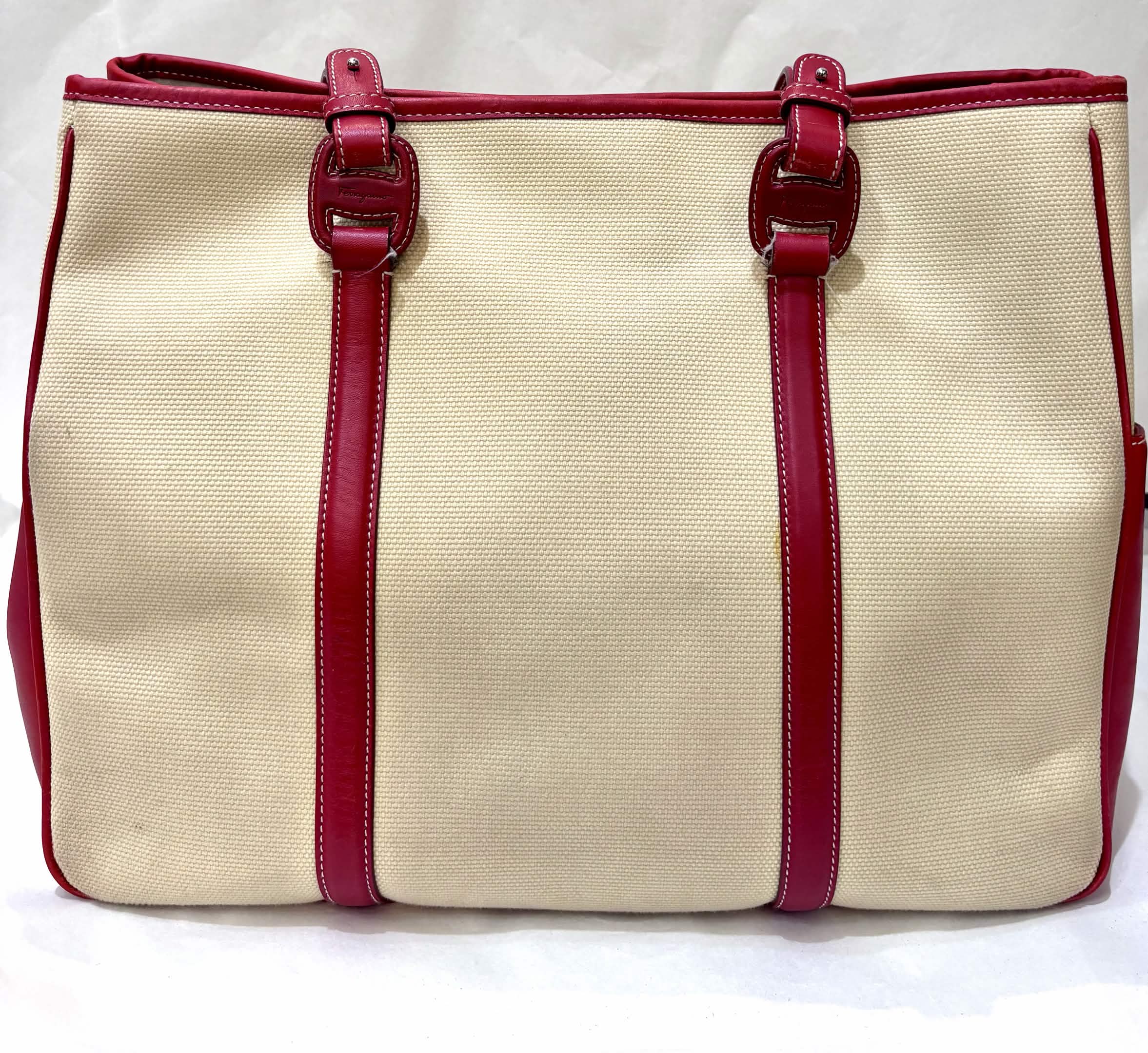 FERRAGAMO VINTAGE RED LEATHER CANVAS TOTE BAG