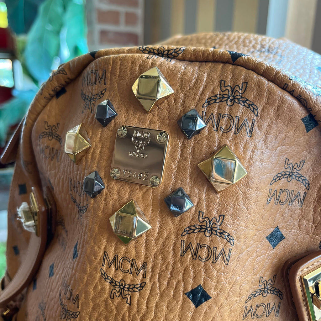 MCM Medium Dual Stark Cognac Visetos Monogram Studded Backpack