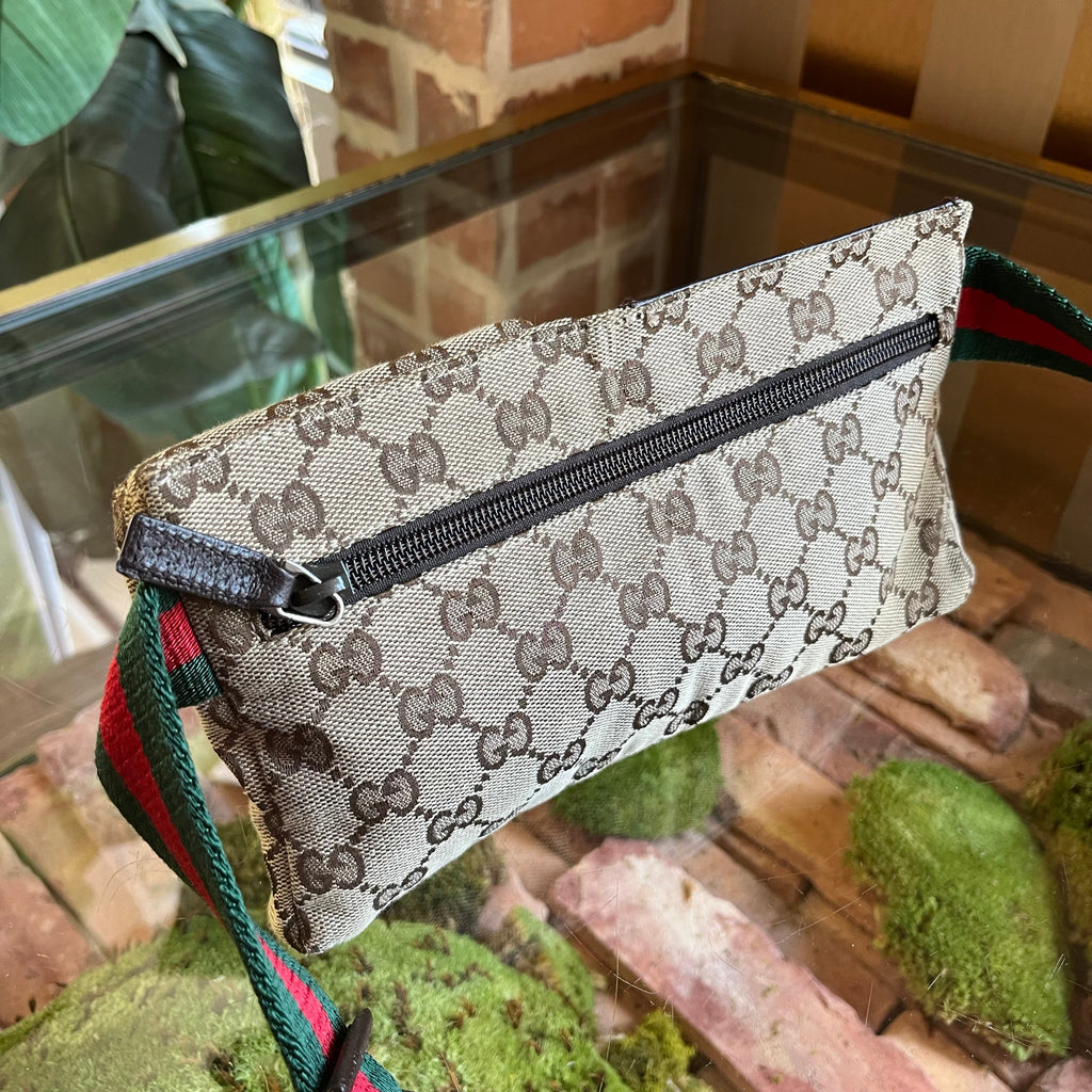 GUCCI Beige Brown GG Web Canvas Double Pocket Belt Bag