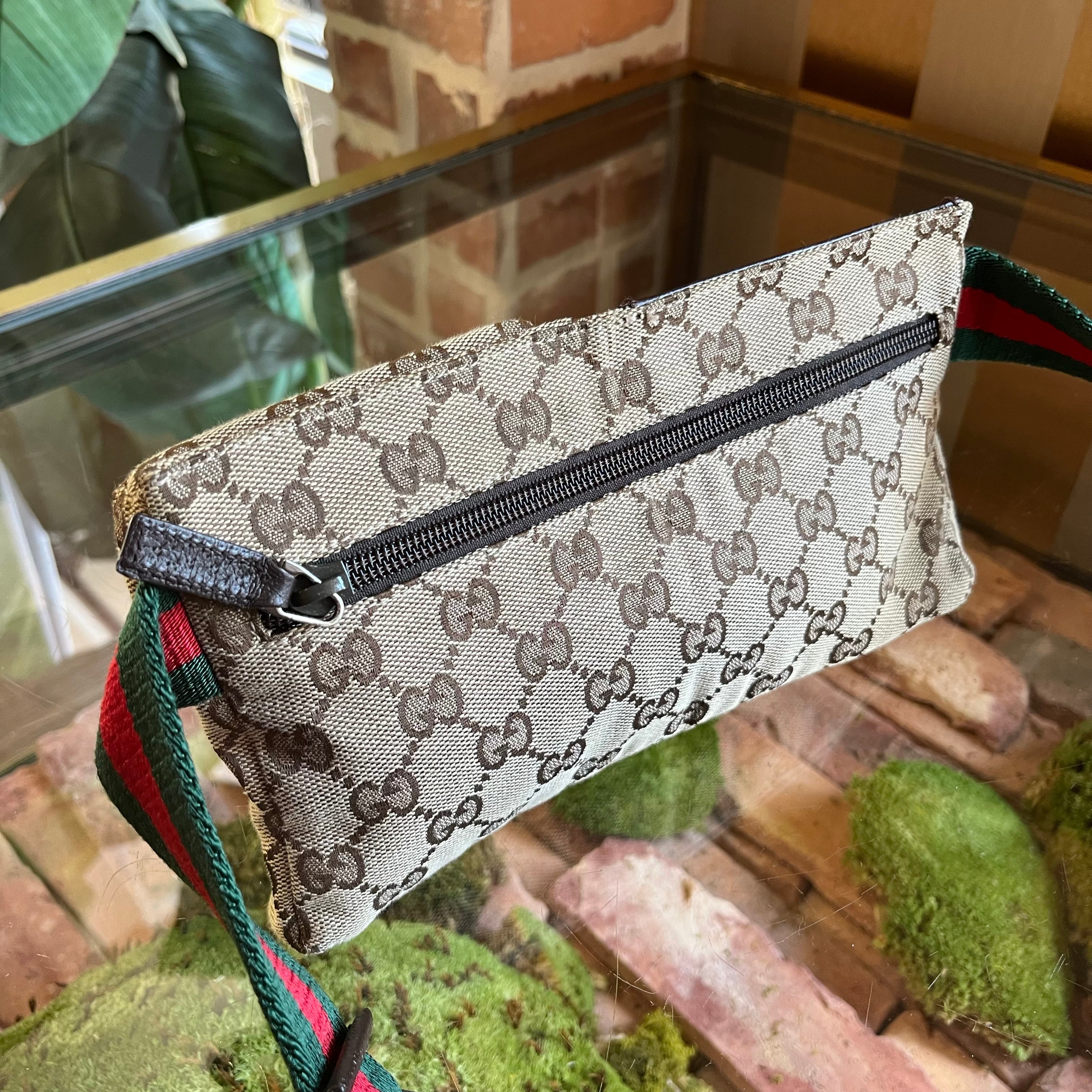 GUCCI Beige Brown GG Web Canvas Double Pocket Belt Bag