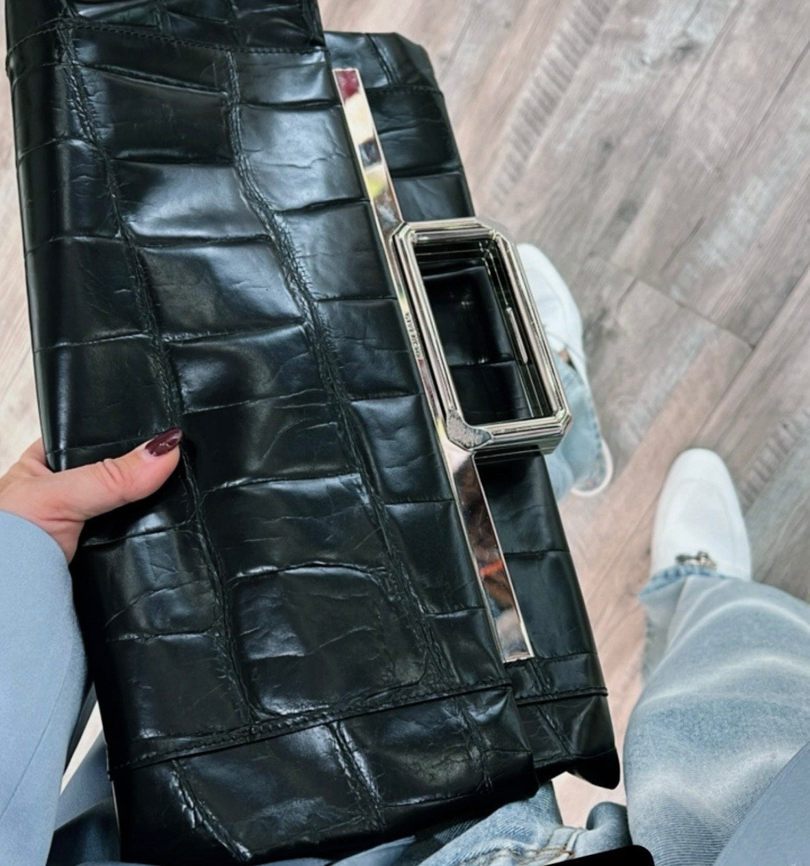 GIVENCHY CROC EMBOSSED LEATHER METAL HANDLE BAG