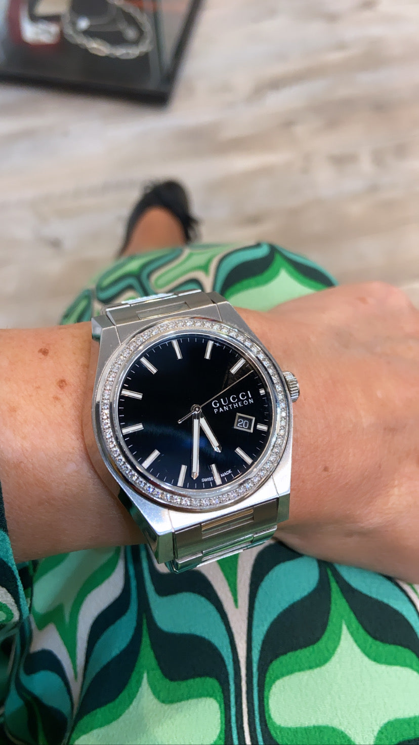 GUCCI 115 PANTHEON STAINLESS STEEL DIAMONDS WATCH