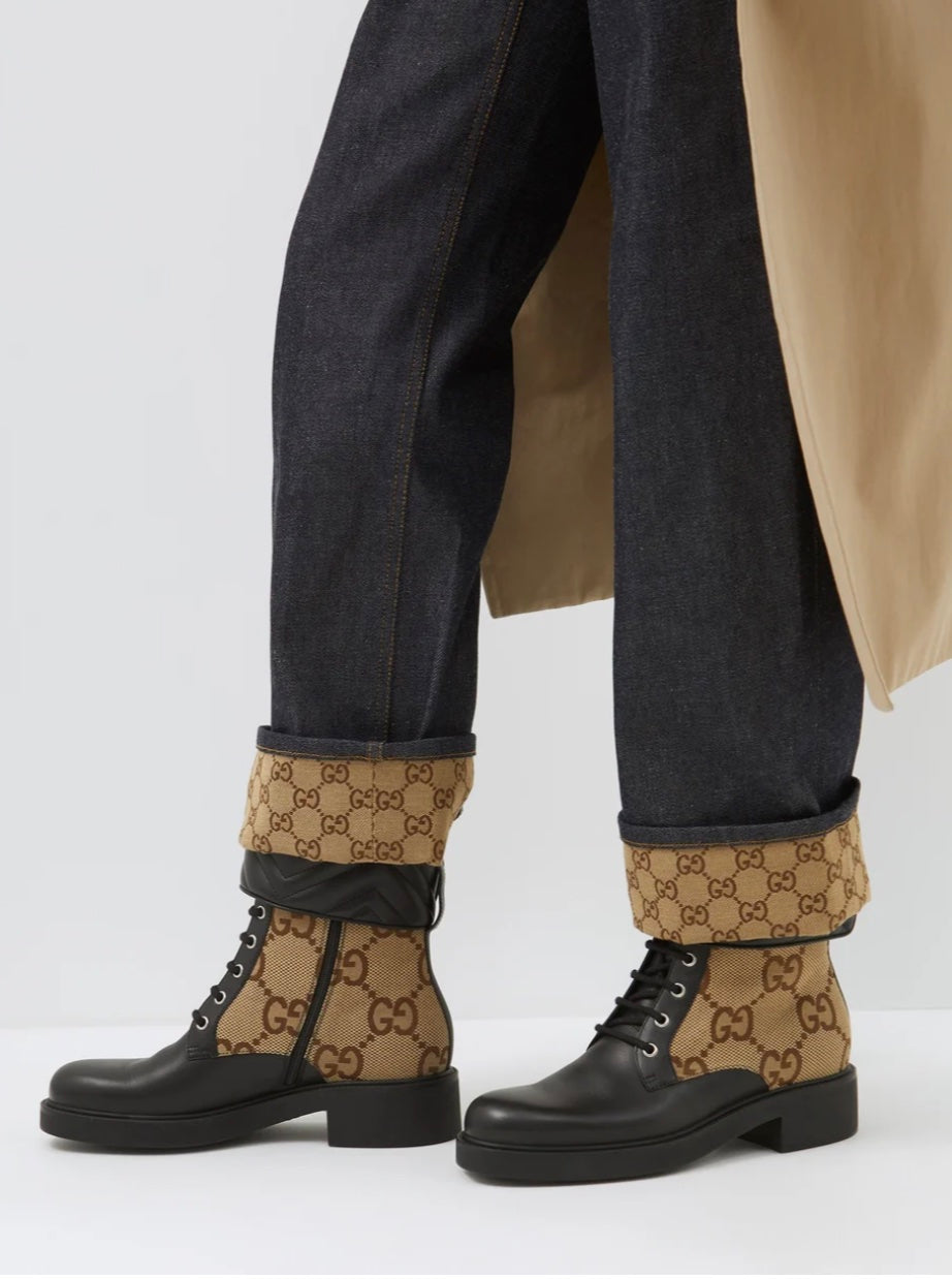 GUCCI FLORES CALFSKIN MONOGRAM MAXI GG ANKLE BOOTS
