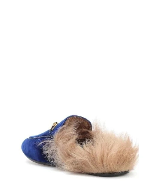 GUCCI BLUE VELVET & FUR PRINCETOWN MULES