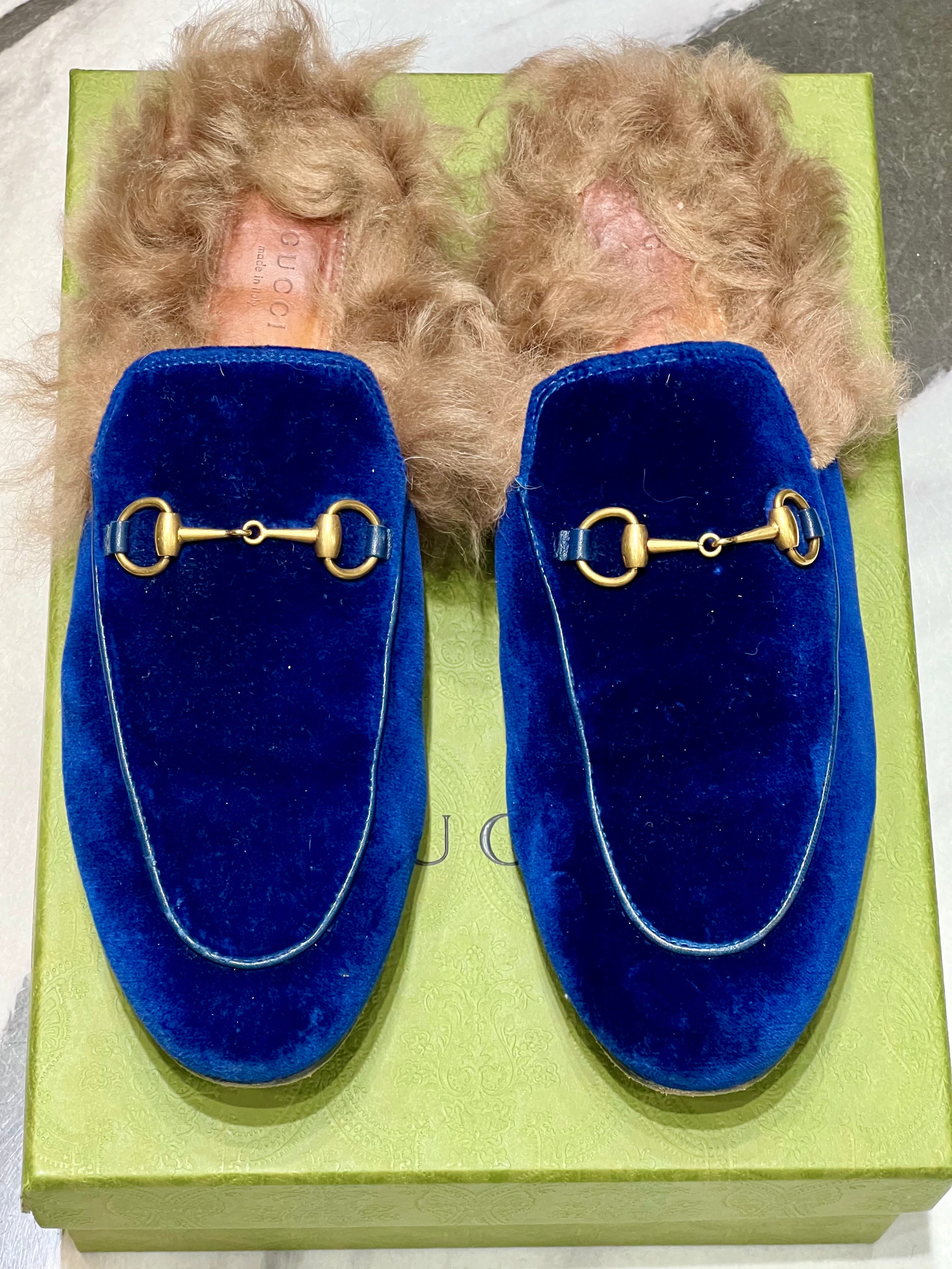 GUCCI BLUE VELVET & FUR PRINCETOWN MULES