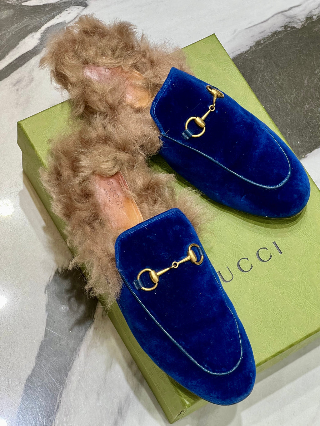 GUCCI BLUE VELVET & FUR PRINCETOWN MULES