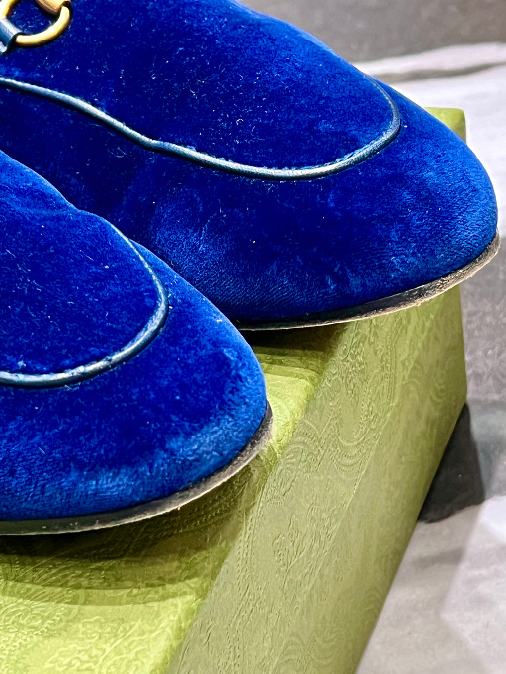 GUCCI BLUE VELVET & FUR PRINCETOWN MULES