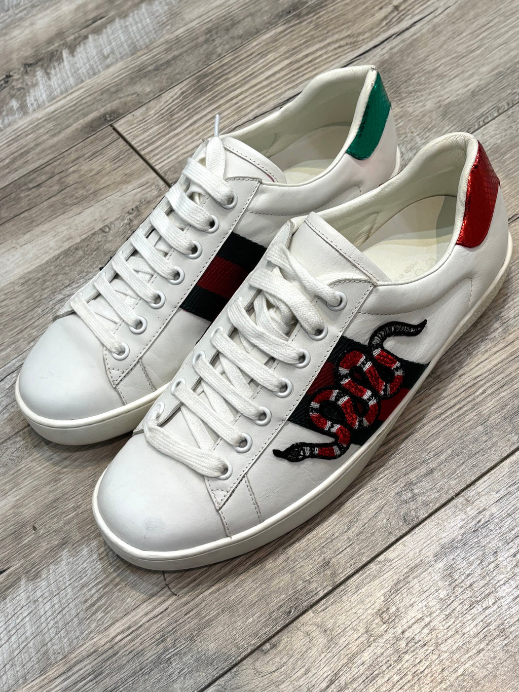 GUCCI ACE KING SNAKE EMBROIDERED CALFSKIN SNEAKERS