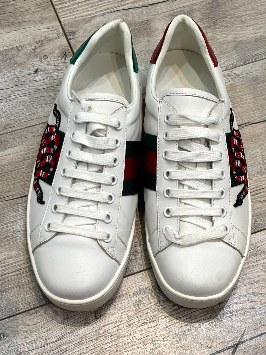 GUCCI ACE KING SNAKE EMBROIDERED CALFSKIN SNEAKERS