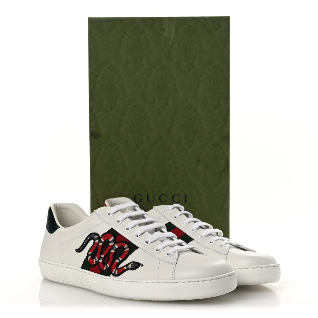 GUCCI ACE KING SNAKE EMBROIDERED CALFSKIN SNEAKERS