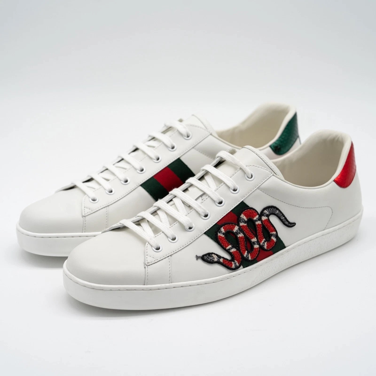 GUCCI ACE KING SNAKE EMBROIDERED CALFSKIN SNEAKERS