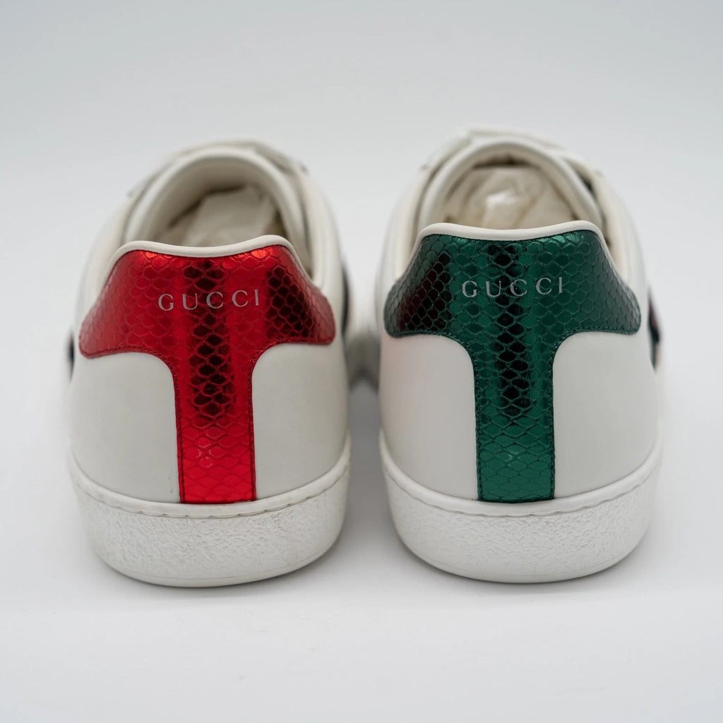 GUCCI ACE KING SNAKE EMBROIDERED CALFSKIN SNEAKERS