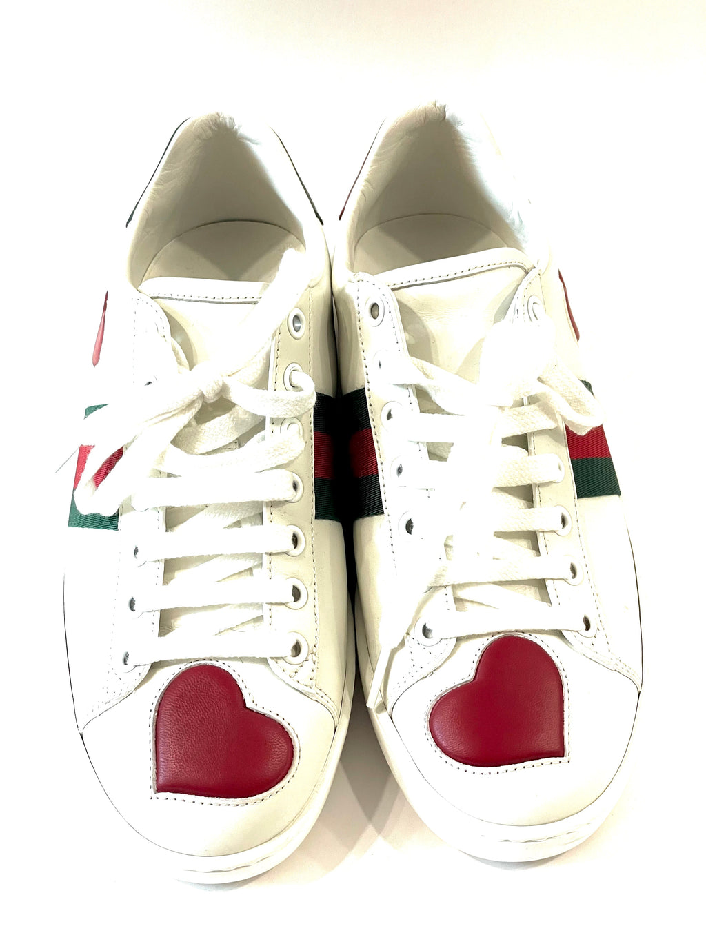 GUCCI CALFSKIN WEB HEART EMBROIDERED ACE SNEAKERS
