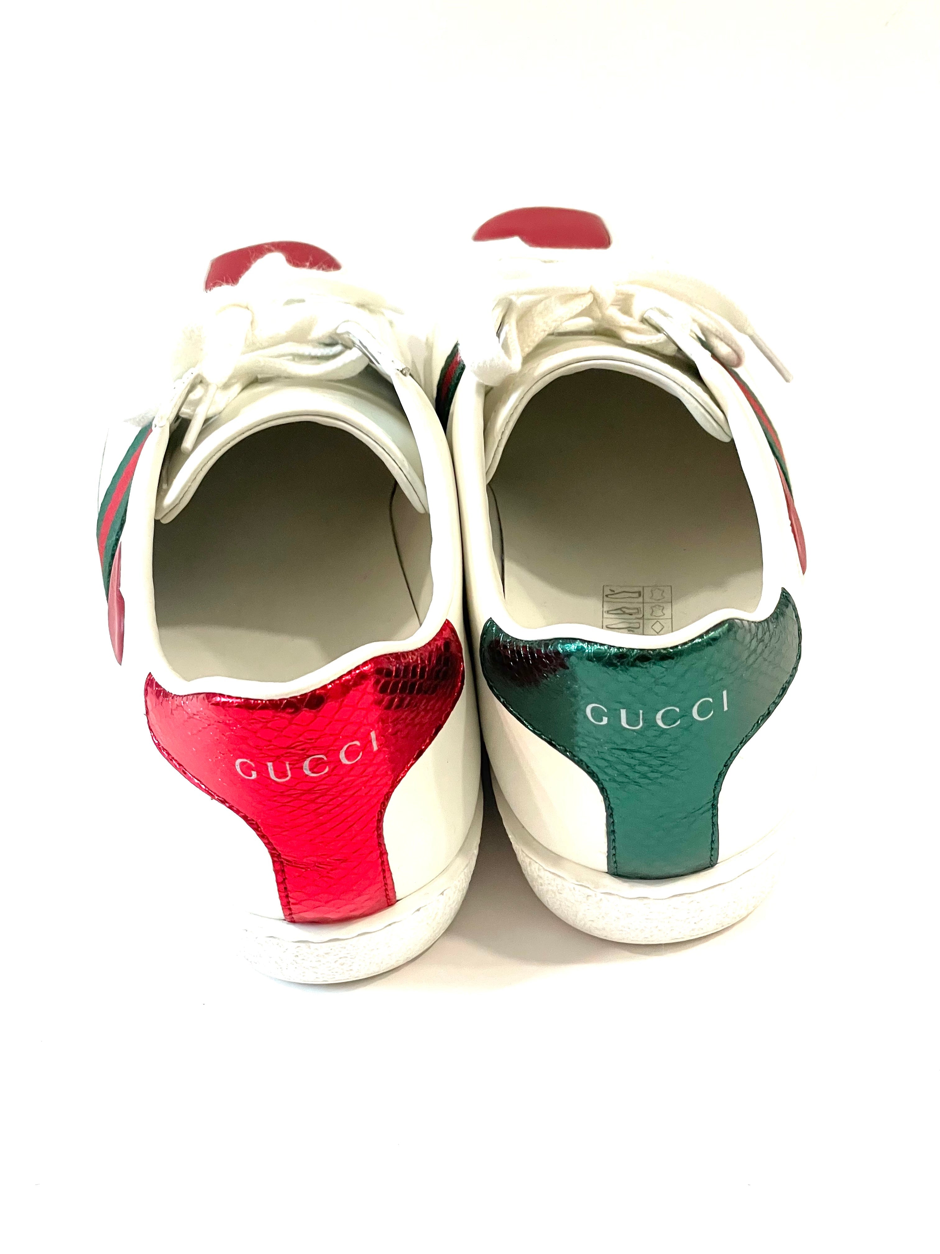 GUCCI CALFSKIN WEB HEART EMBROIDERED ACE SNEAKERS