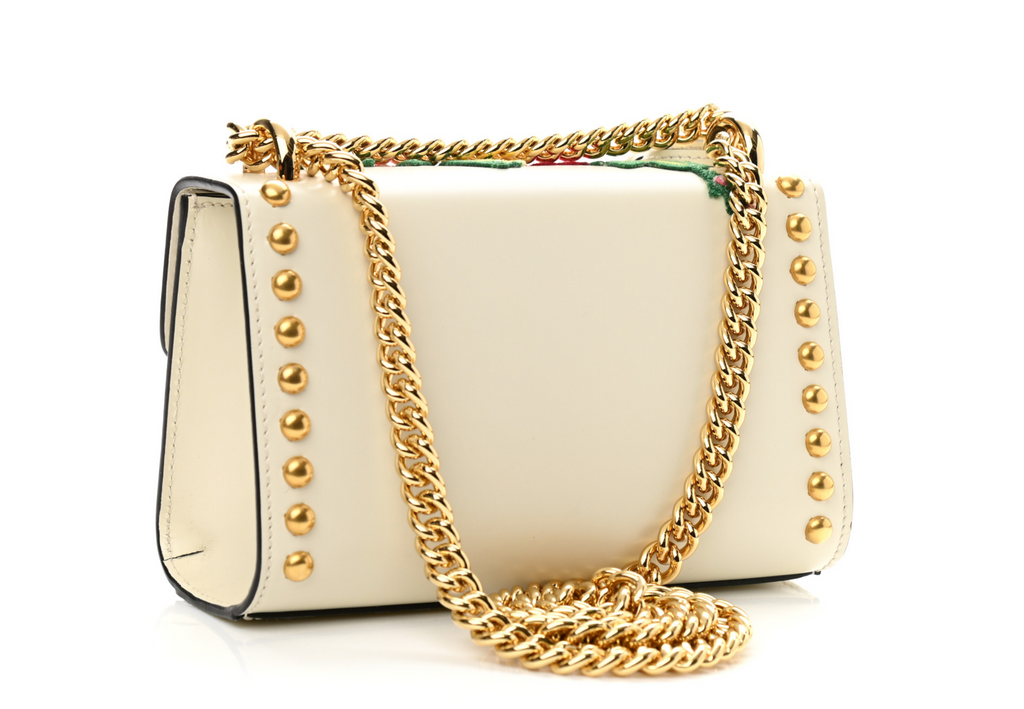 GUCCI CALFSKIN FLORAL EMBROIDERED SMALL PADLOCK SHOULDER BAG