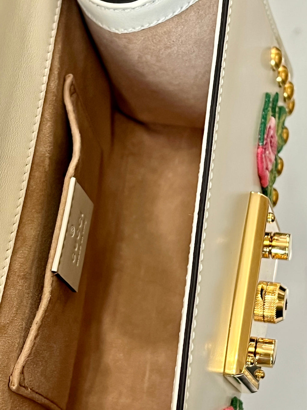 GUCCI CALFSKIN FLORAL EMBROIDERED SMALL PADLOCK SHOULDER BAG