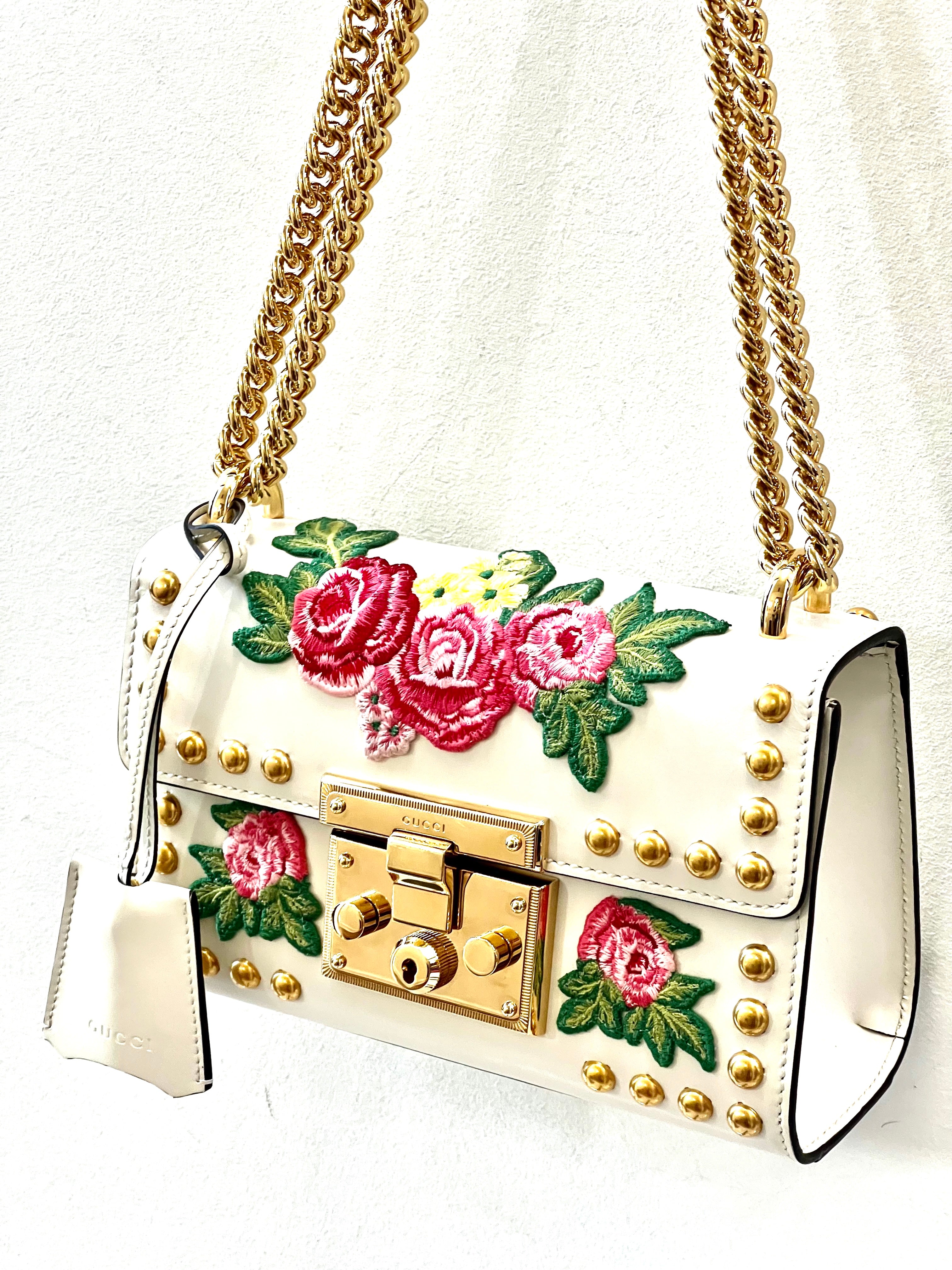 GUCCI CALFSKIN FLORAL EMBROIDERED SMALL PADLOCK SHOULDER BAG