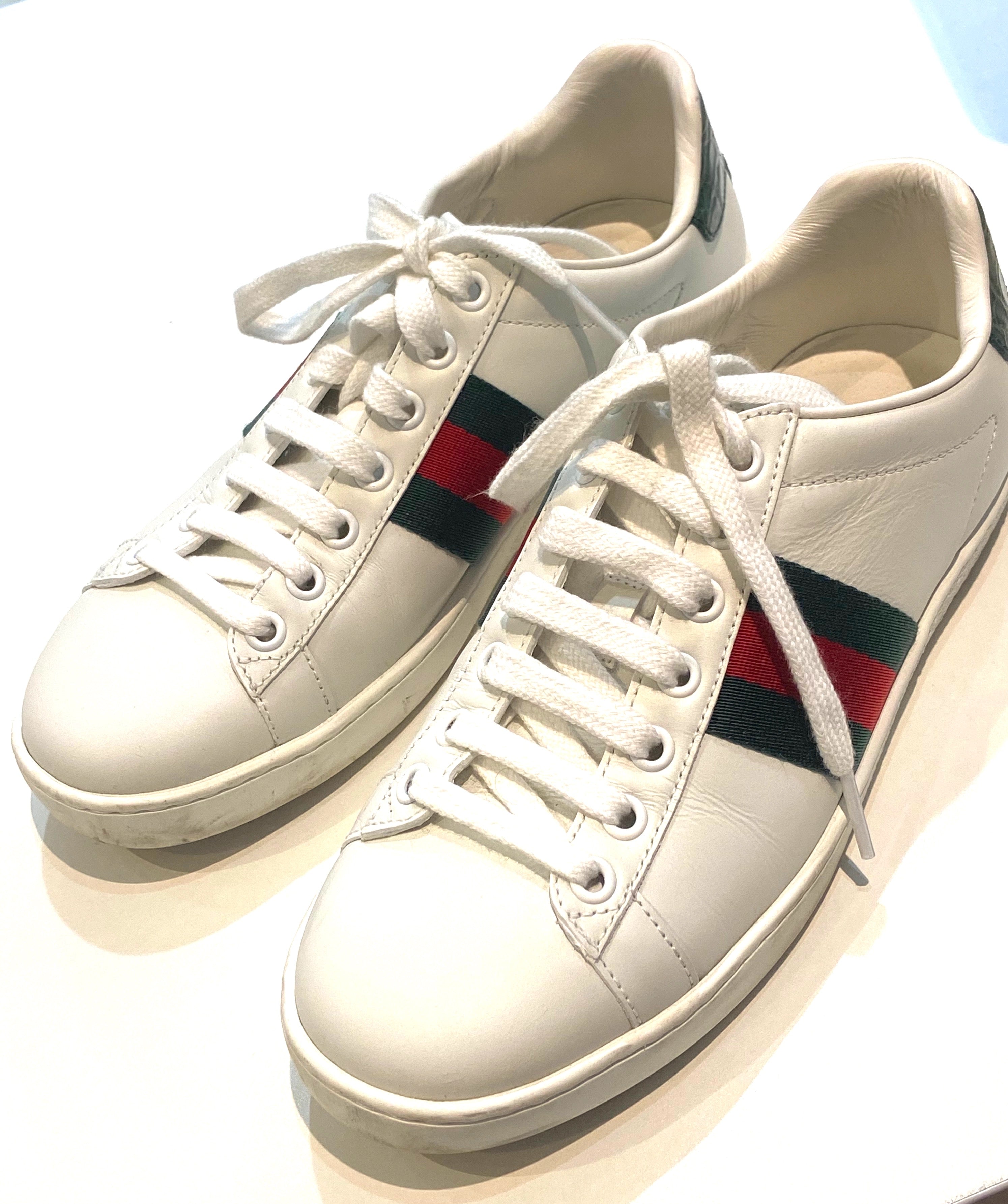 GUCCI CALFSKIN LEATHER CROC ACCENT ACE SNEAKERS