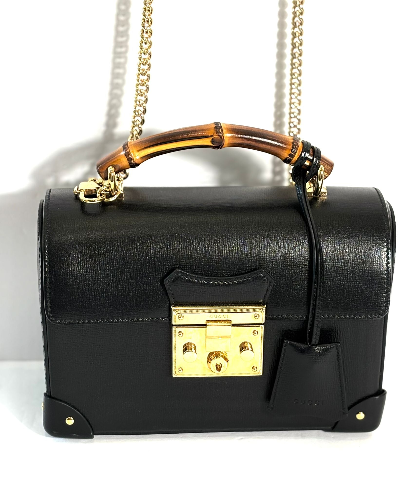 GUCCI CALFSKIN LEATHER SMALL BAMBOO PADLOCK CHAIN BAG