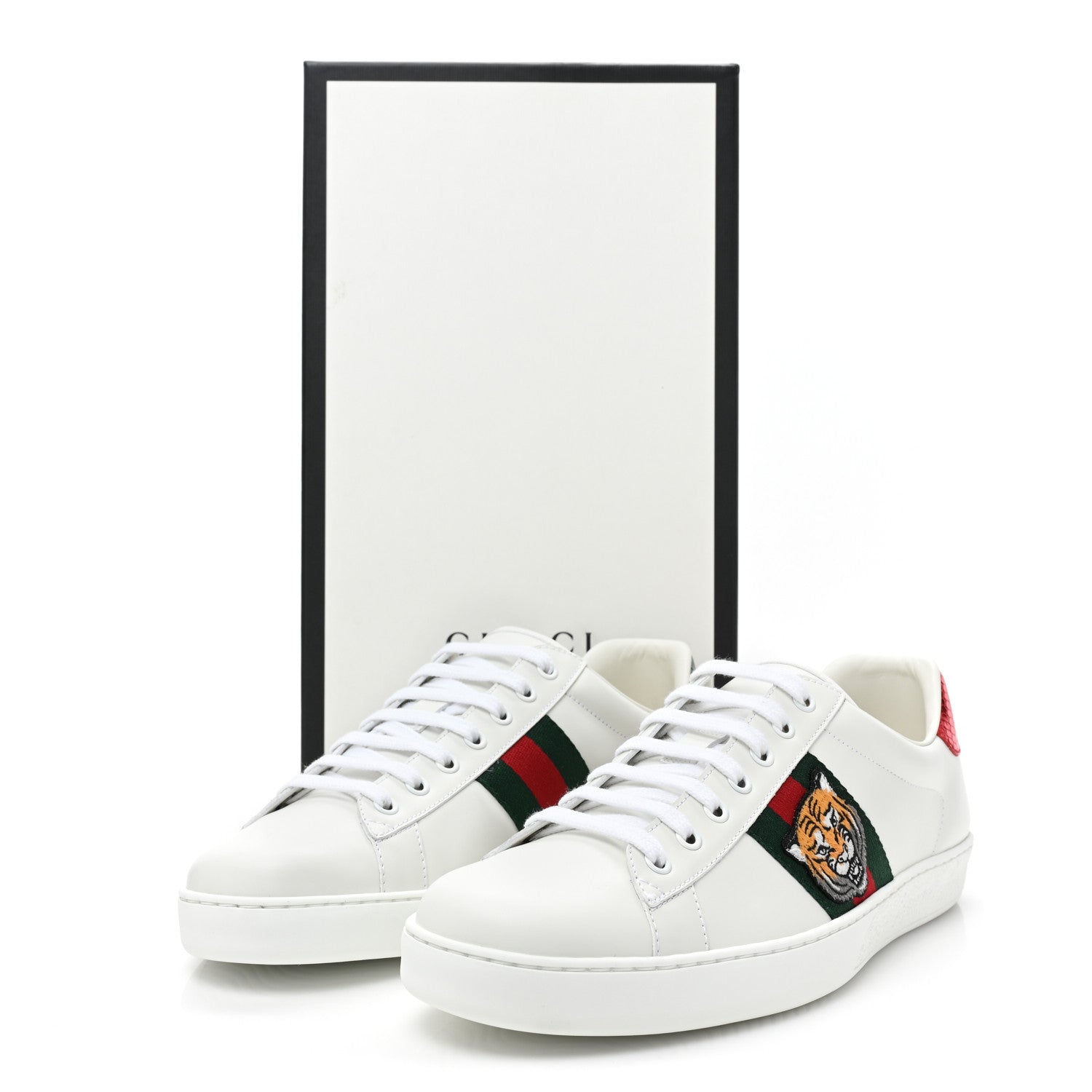 GUCCI CALFSKIN LEATHER ACE TIGER EMBROIDERED MEN'S SNEAKERS