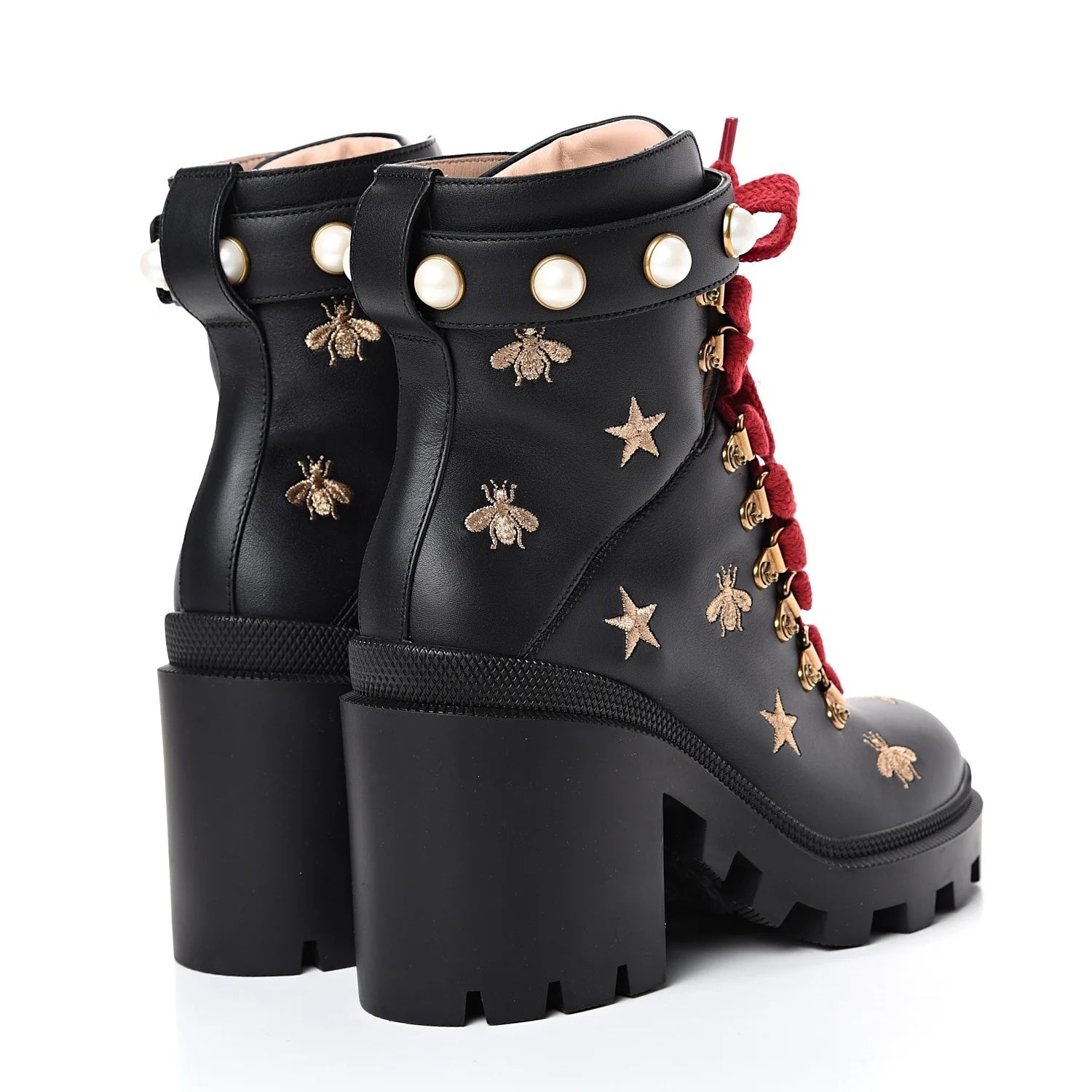 GUCCI CALFSKIN EMBROIDERED LACE UP COMBAT BOOTS